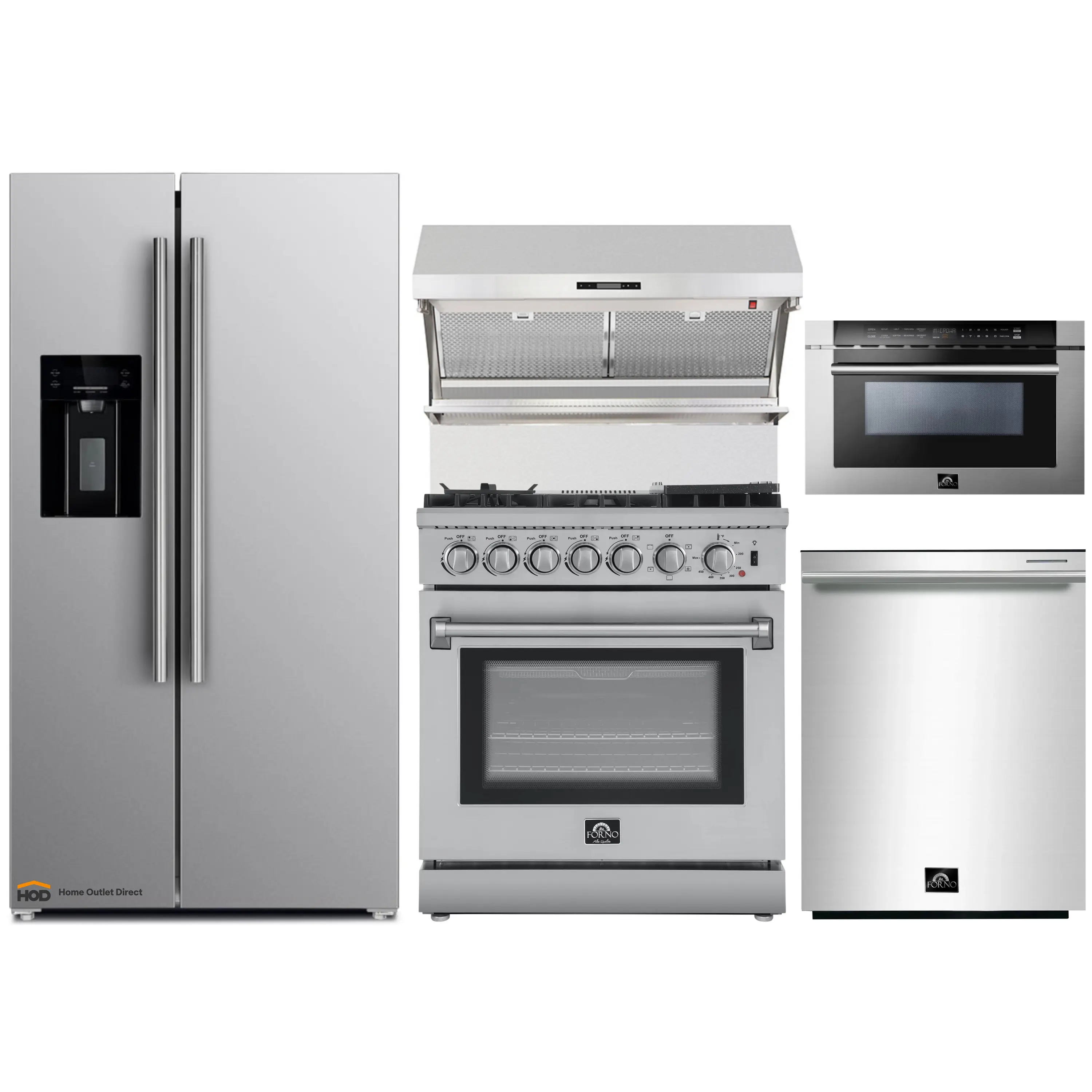 Forno 5-Piece Appliance Package - 30-Inch Dual Fuel Range with Air Fryer, Refrigerator with Water Dispenser, Wall Mount Hood with Backsplash, 24-Inch Microwave Drawer, & 3-Rack Dishwasher in Stainless Steel