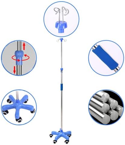 IV Pole with Wheels, Adjustable Height IV Stand, 5-Leg Rolling Bases, 4 Hooks, Stainless Steel, Medical Equipment for Home & Hospital Use