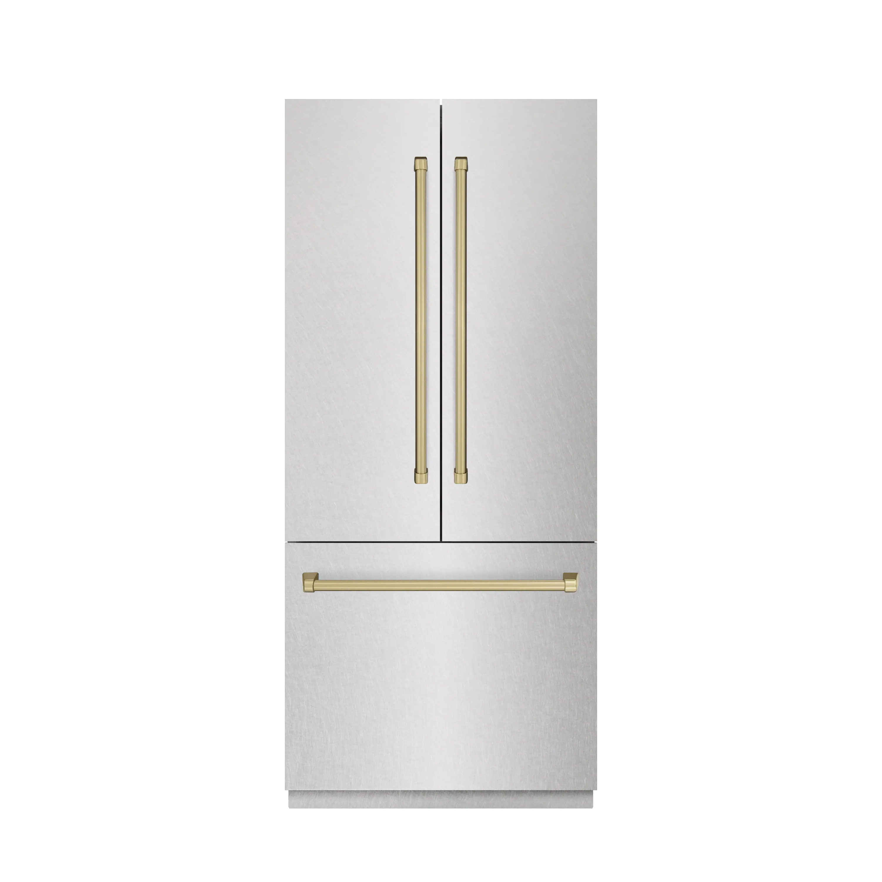 ZLINE Autograph Edition 36-Inch 19.6 cu. ft. French Door Built-In Bottom Freezer Refrigerator with Water Dispenser and Ice Maker in Satin Stainless Steel with Stainless Steel Interior and Champagne Bronze Accents (SRBIVZ-SN-36-CB)