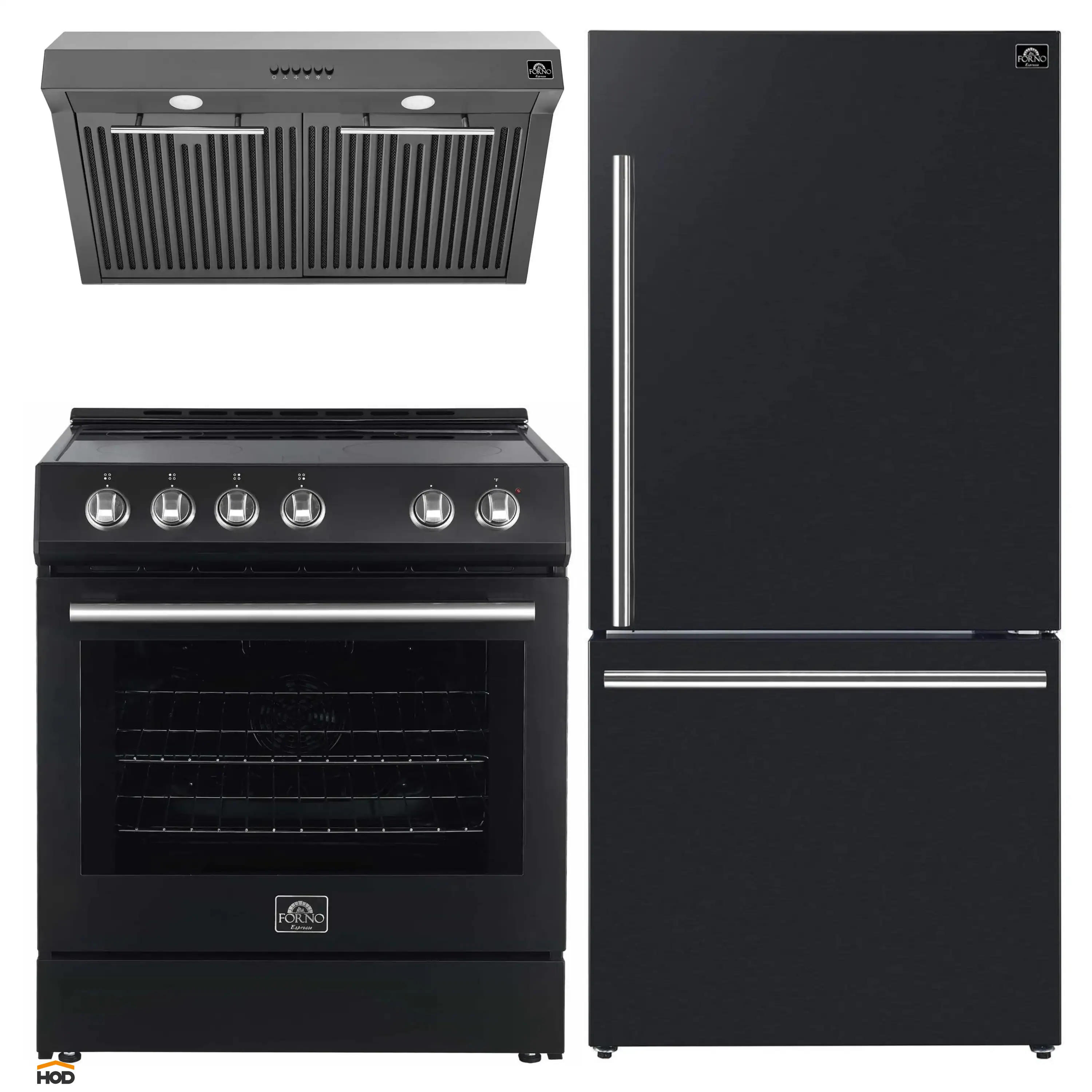 Forno Espresso 3-Piece Appliance Package - 30-Inch Electric Range with 5.0 Cu.Ft. Electric Oven, Built-In Refrigerator, and Under Cabinet Range Hood in Black with Stainless Steel Trim