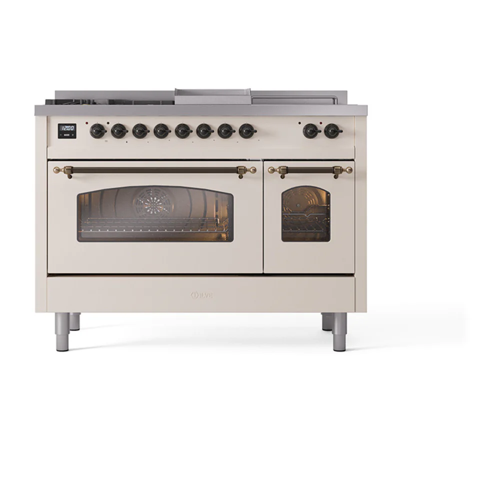 ILVE Nostalgie II 48-Inch Dual Fuel Range with 5 Burners, Griddle, & French Top with Triple Glass Door Oven in Antique White with Bronze Trim (UP48FSNMPAWB)