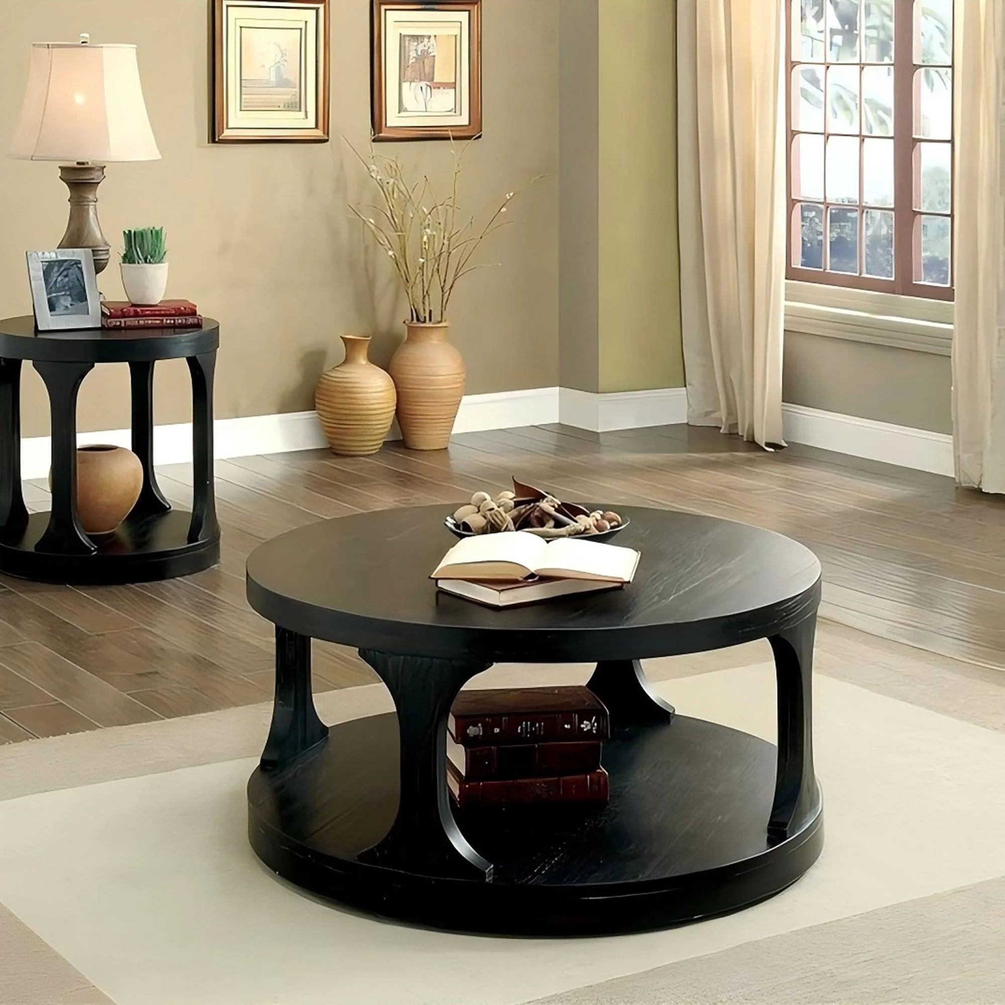 Parrot Uncle 18-Inch Antique Black Round Structure Coffee Table with Open Shelf (CM4422C-PU)