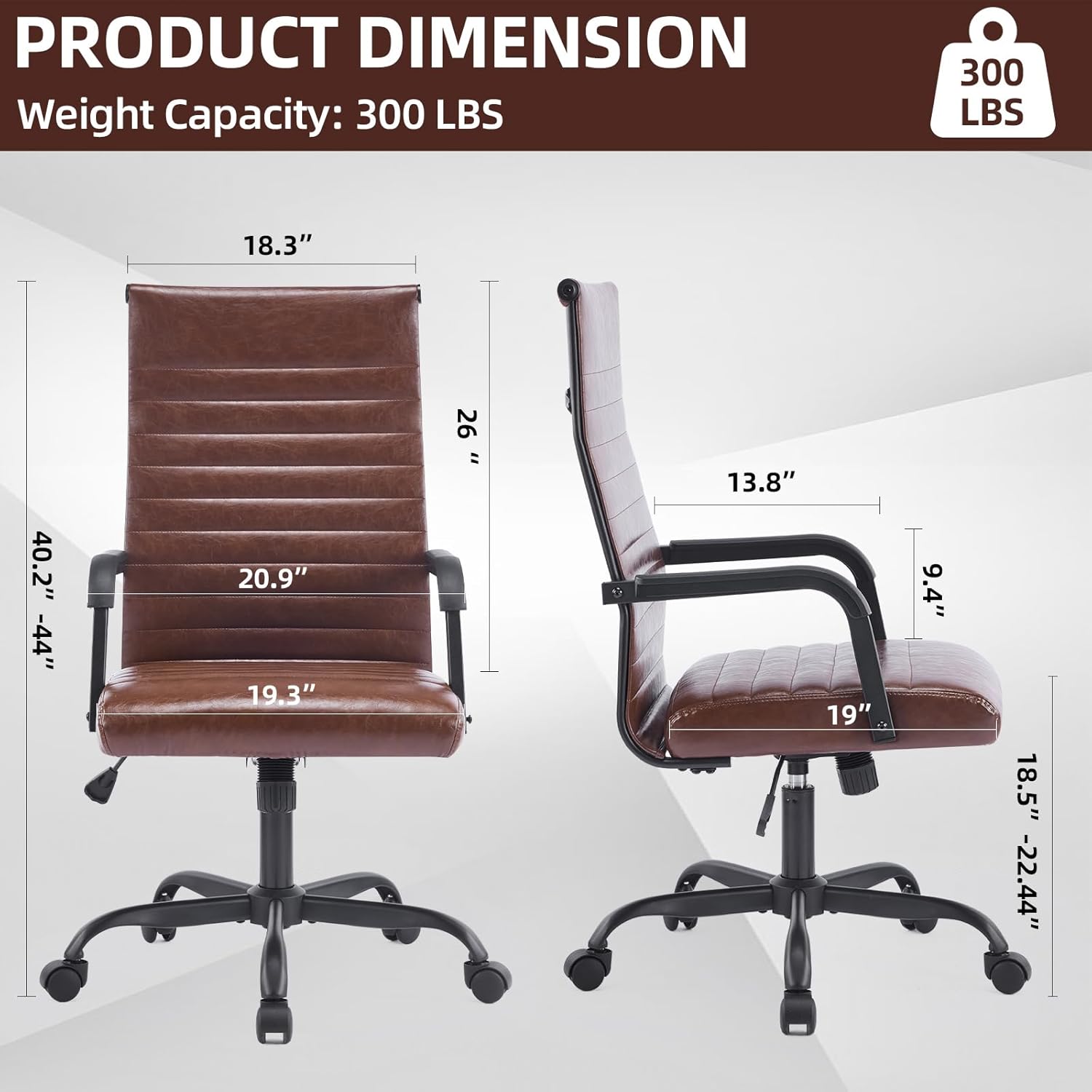 Office Chair, Ergonomic Executive Conference Room Chairs, Ribbed Leather Desk Chair with Lumbar Support, Adjustable Height Mid-Back Swivel Chair with Padded Seat and Square Tube Armrests