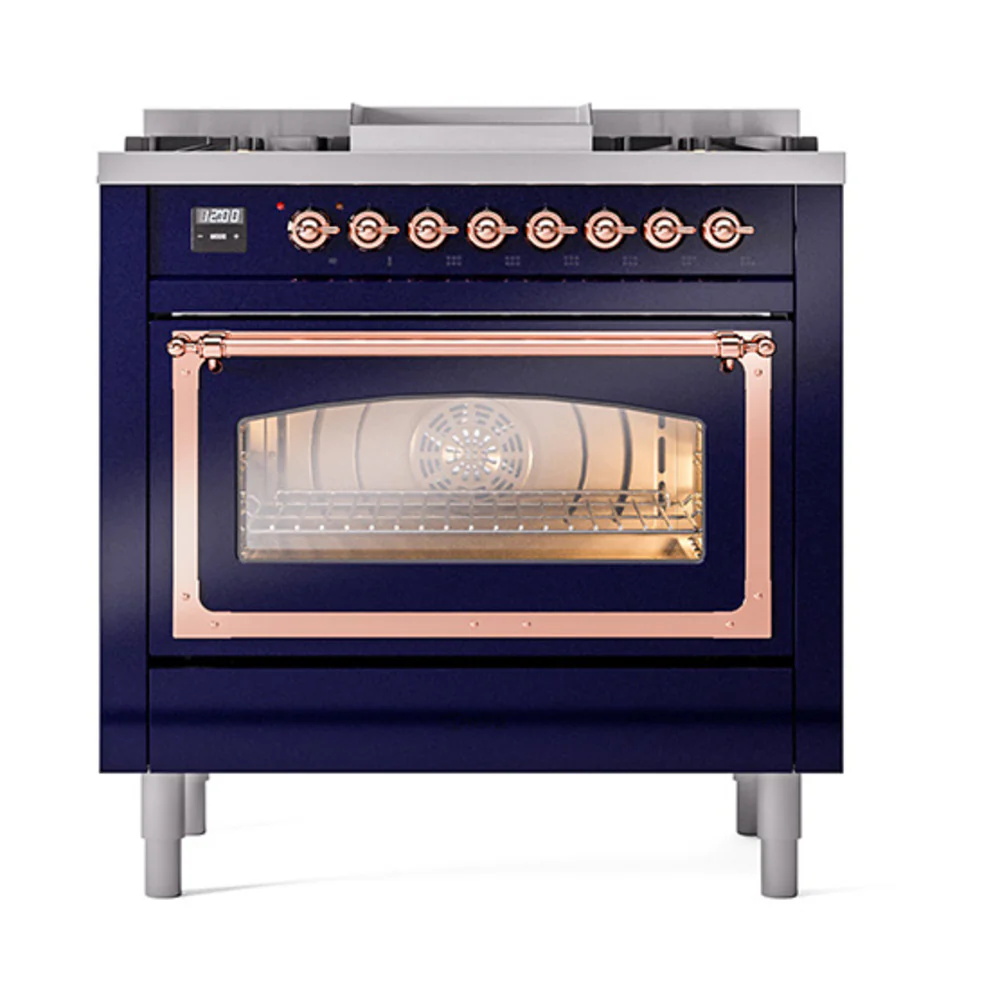 ILVE Nostalgie II Noblesse 36-Inch Dual Fuel Range and Triple Glass Door in Midnight Blue with Copper Trim (UN36FNMPMBP)