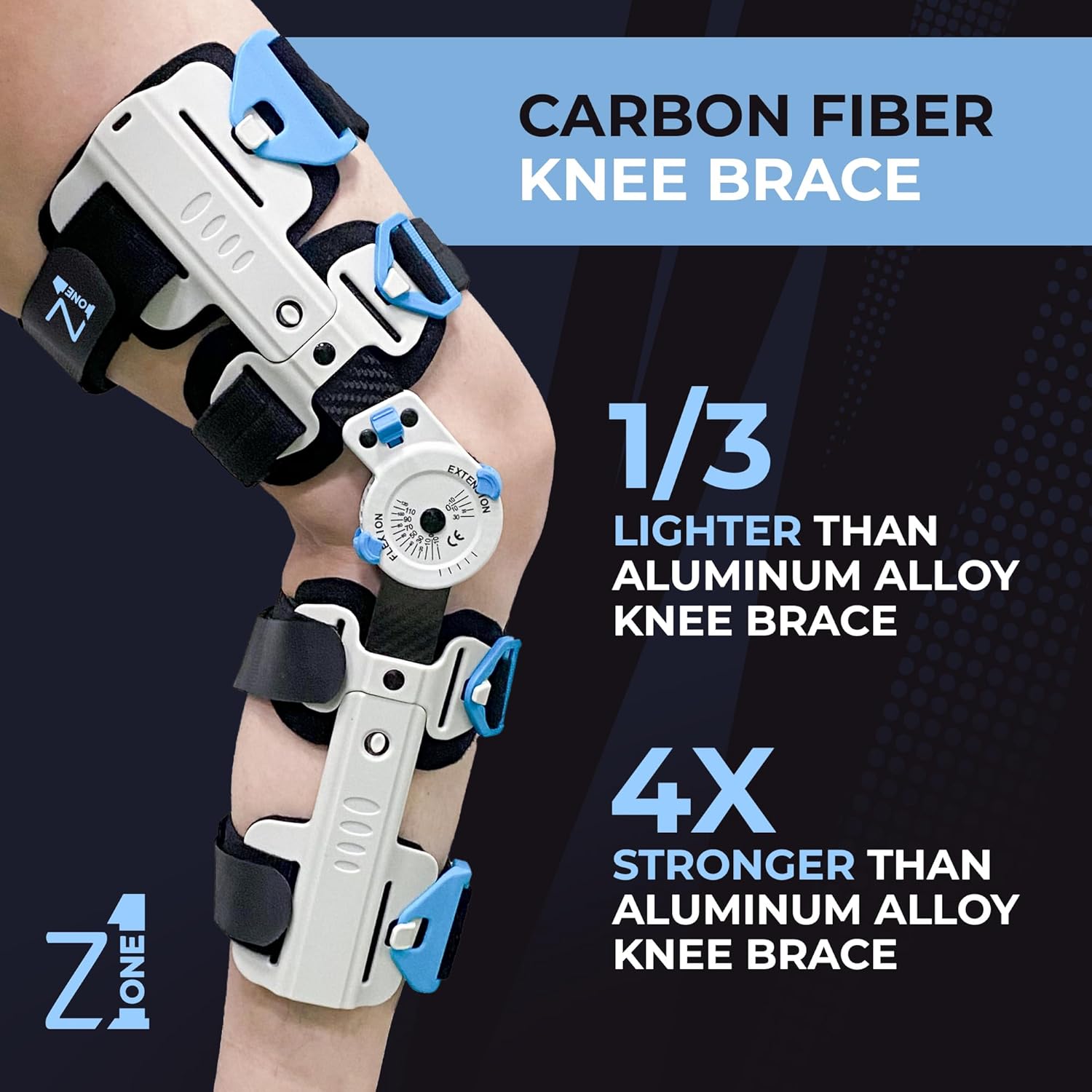Z ONE Z1 K10 Eco Hinged ROM Knee Brace - Carbon Fiber Post Op Knee Immobilizer Lightweight Adjustable Leg Braces Medical Orthopedic Support for ACL, PCL, MCL Injury & After Surgery for Women & Men