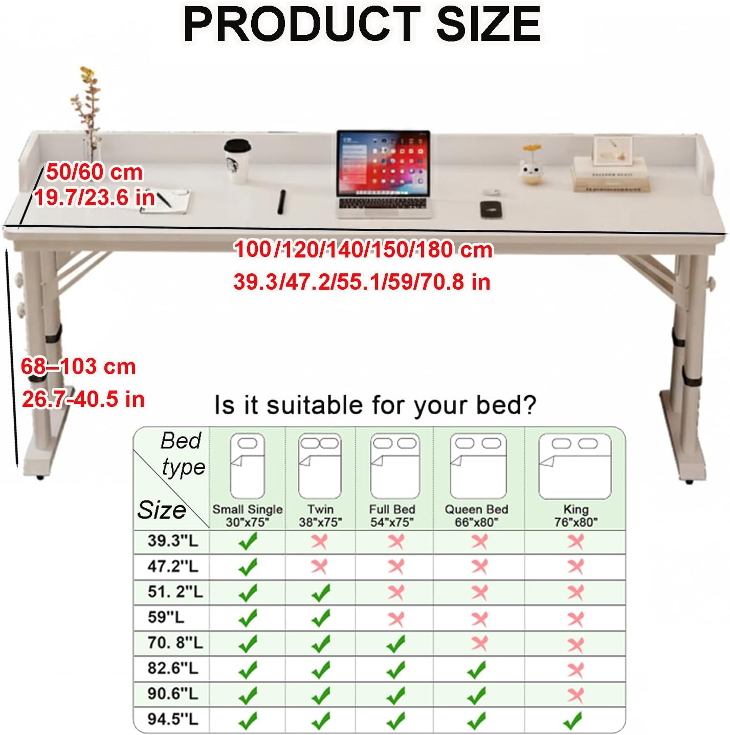 Over Bed Table with Wheels, Over The Bed Desk with Baffle Adjustable Height, Dual-Leg Design, Mobile Laptop Cart Computer Desk for Home, Hospital, Dorm Use