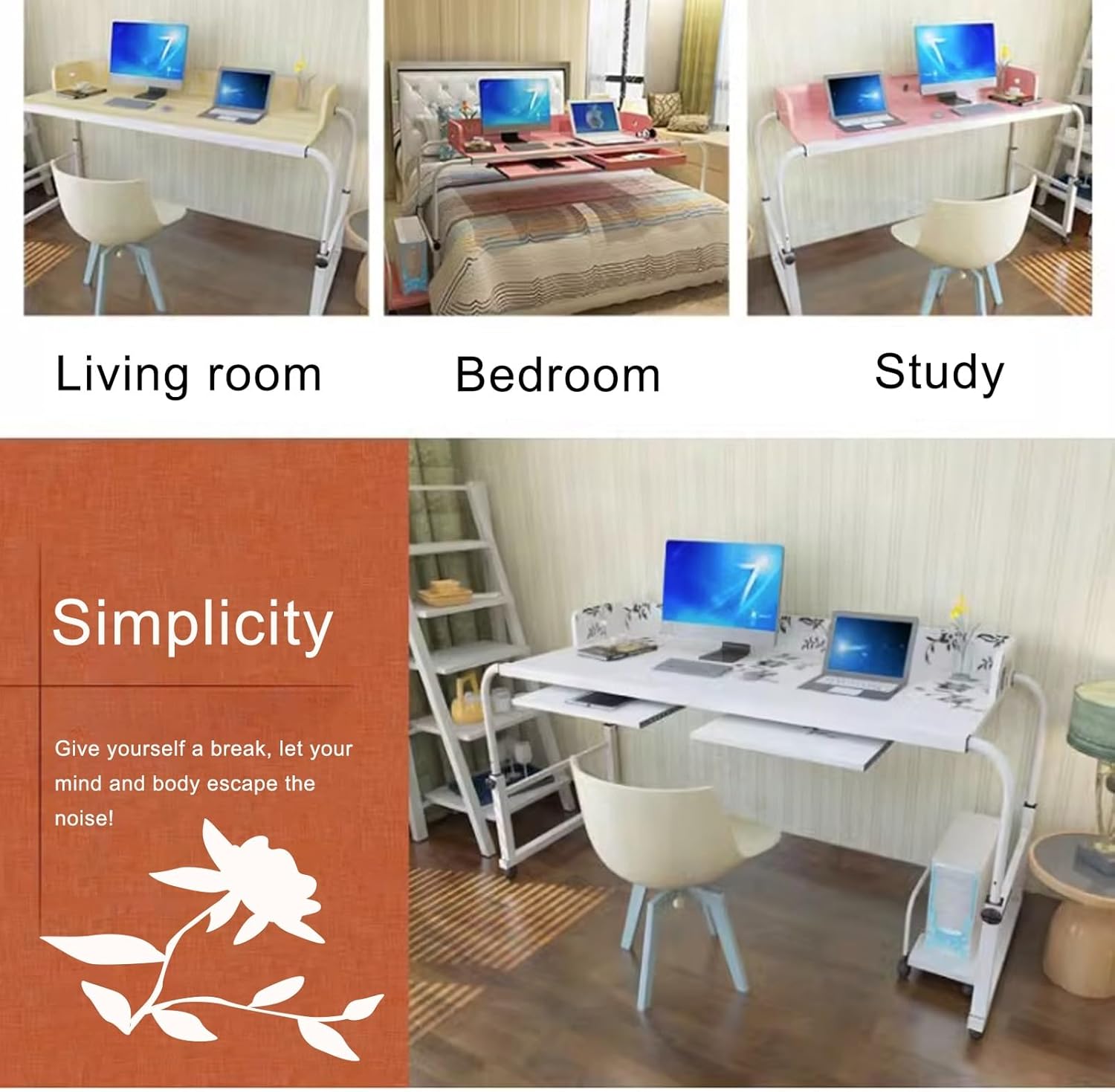 Overbed Bedside Table with Wheels, Adjustable Hospital Over Bed Table, Mobile Standing Desk, Computer Workstation Desk, for Home, Office, Study(White)