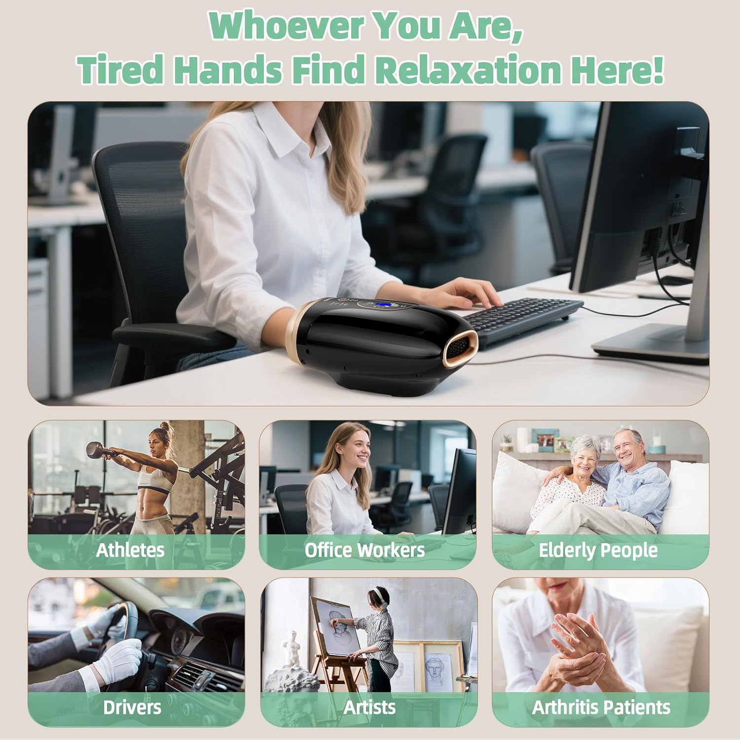 Hand Massager with Heat and Compression, 6 Holes Finger Stretching Hand Massager for Arthritis and Carpal Tunnel, 6 Levels Pressure Therapy with Wrist Massage Palm Kneading, Gifts for Women Men