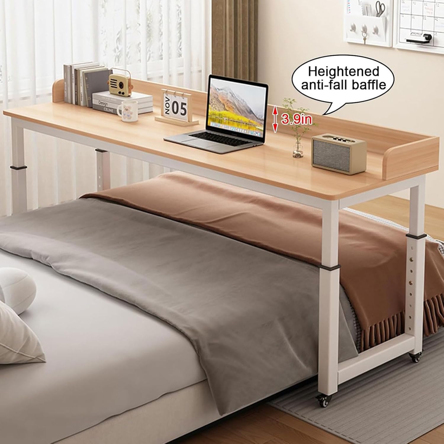 Overbed Table with Wheels, Adjustable Height, Mobile Over Bed Table, Standing Workstation, Portable Medical Over Bed Desk Space Saving for Home and Hospital,White,59.1