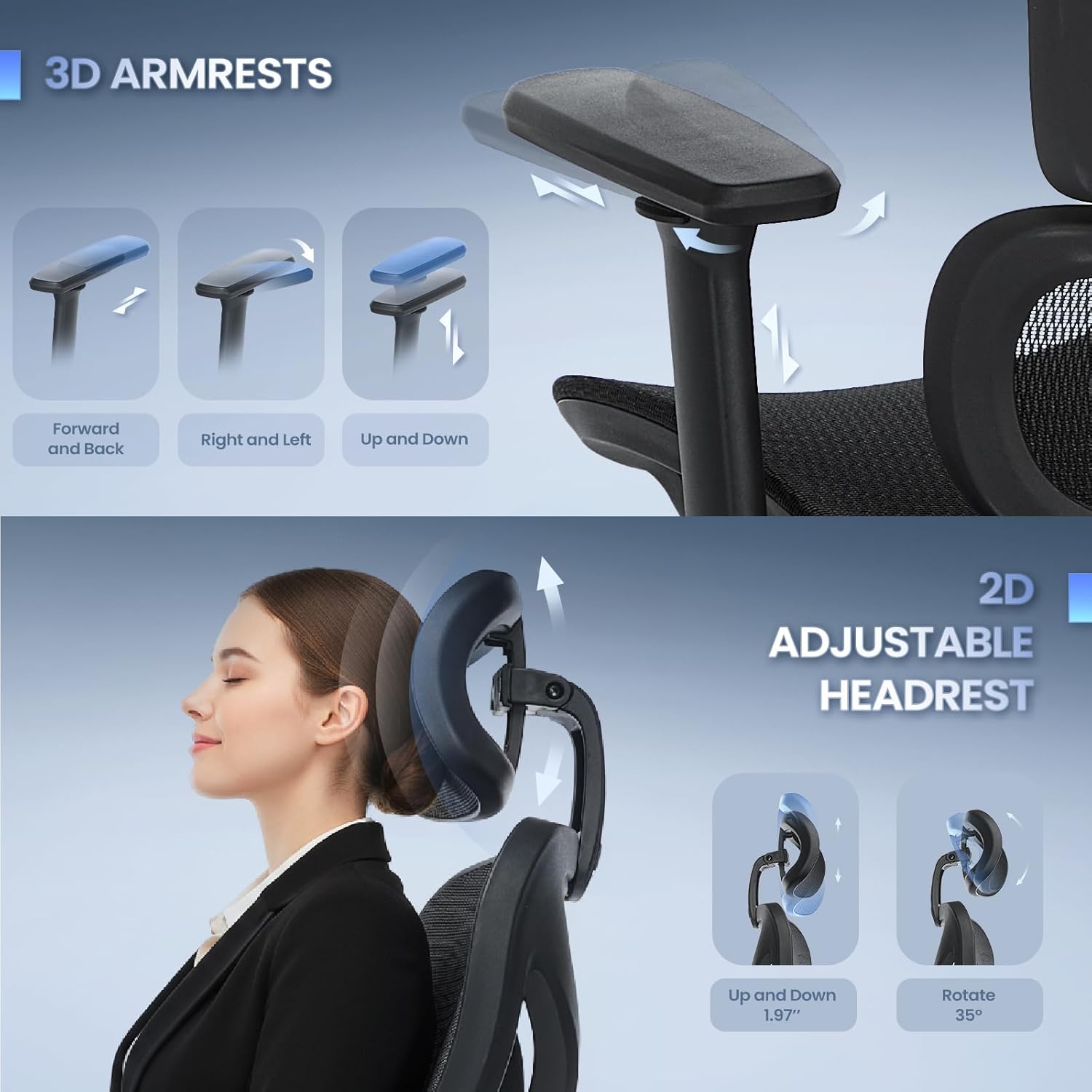 Ergonomic Office Chair with Footrest, Mesh Home Office Computer Chair with Adjustable Headrest and 3D Arms, Backrest Height, Tilt Lock and Lumbar Support, 300LBS