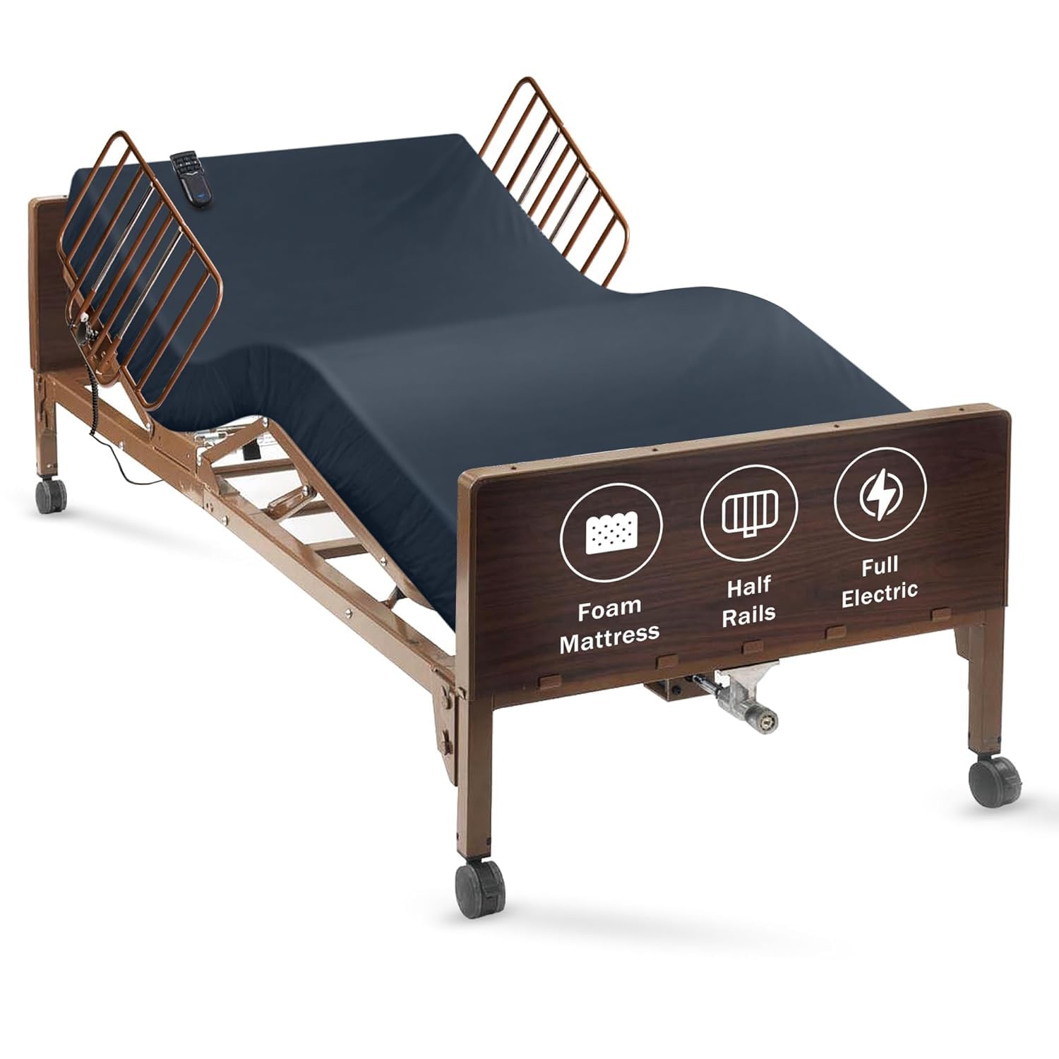 Full Electric Hospital Bed for Home Use with Foam Mattress, Half Rails - Medical Bed Set