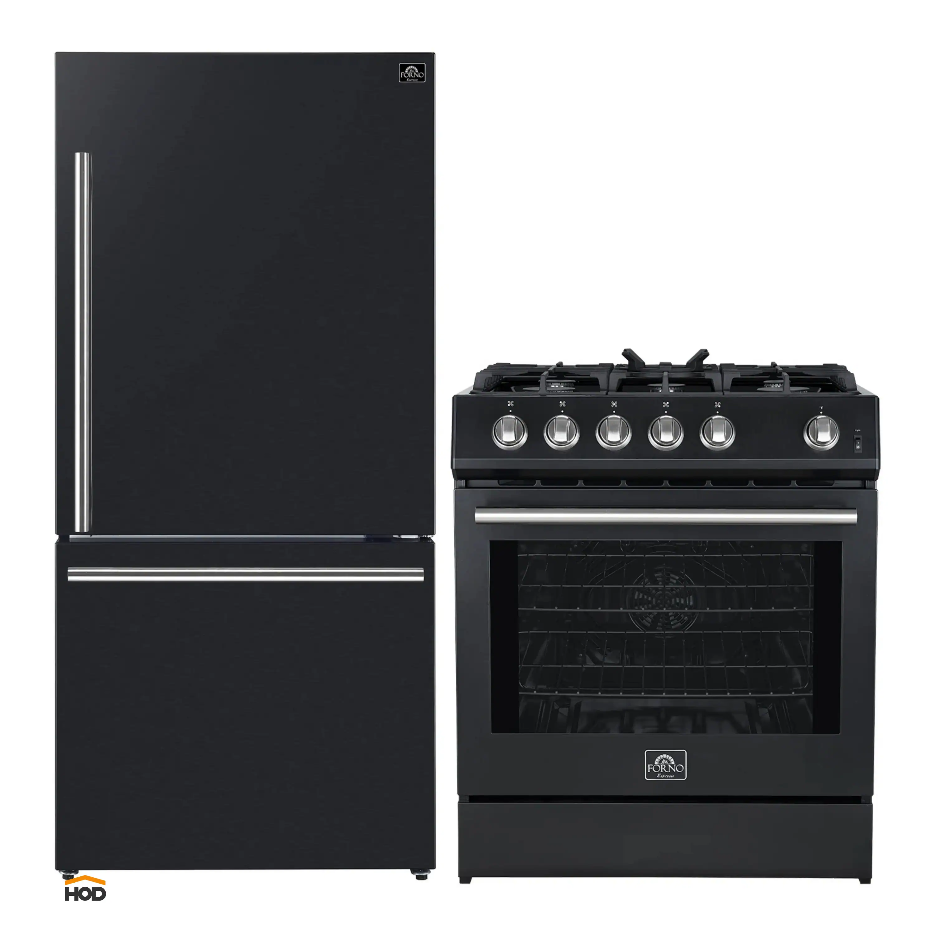 Forno 2-Piece Appliance Package - 30-Inch Gas Range & Refrigerator in Black with Stainless Steel Trim