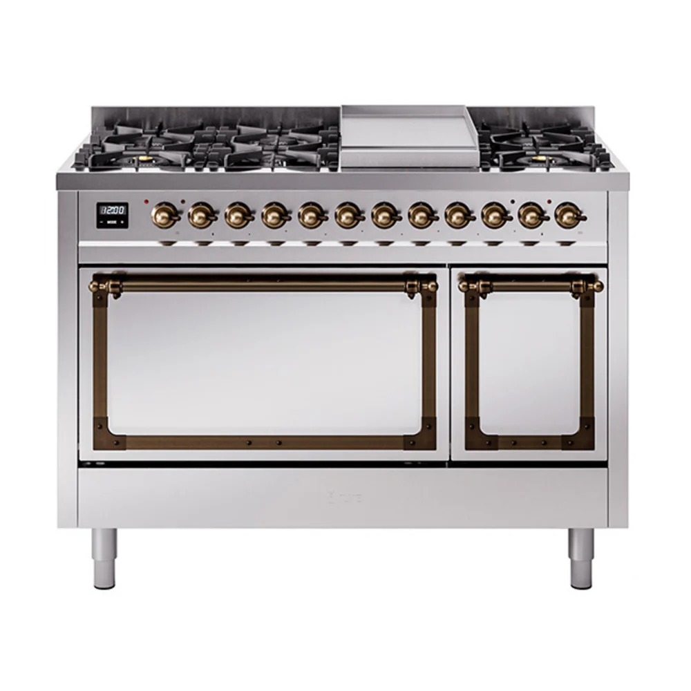 ILVE Nostalgie II Noblesse 48-Inch Dual Fuel Freestanding Range with Solid Door Oven in Stainless Steel with Bronze Trim (UN48FQNMPSSB)