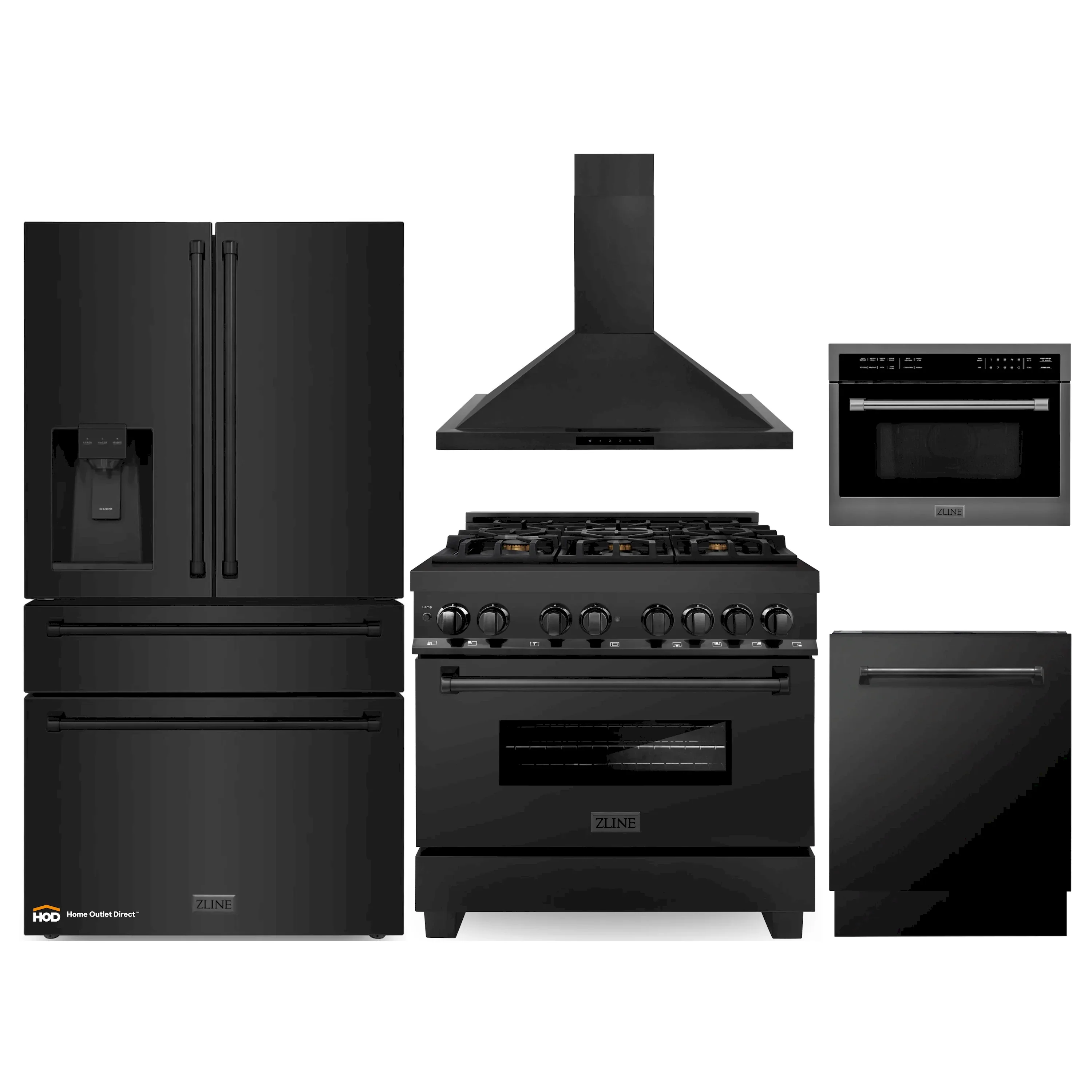 ZLINE 5-Piece Appliance Package - 36-Inch Dual Fuel Range, Refrigerator with Water Dispenser, Convertible Wall Mount Hood, Microwave Oven, and 3-Rack Dishwasher in Black Stainless Steel