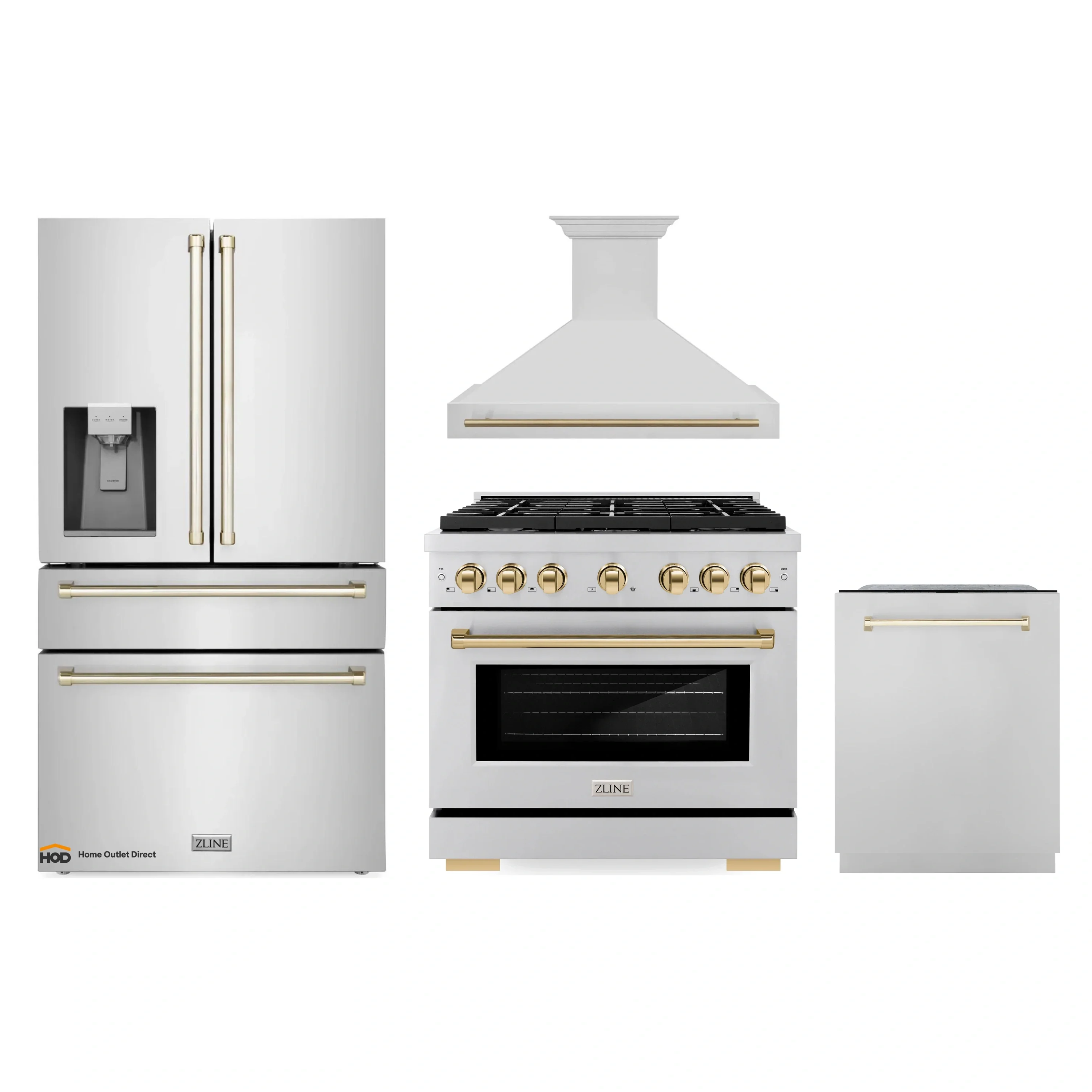 ZLINE Autograph Edition 4-Piece Appliance Package - 36-Inch Gas Range, Refrigerator with Water Dispenser, Wall Mounted Range Hood, & 24-Inch Tall Tub Dishwasher in Stainless Steel with Gold Trim (4AKPR-SGRRHDWM36-G)