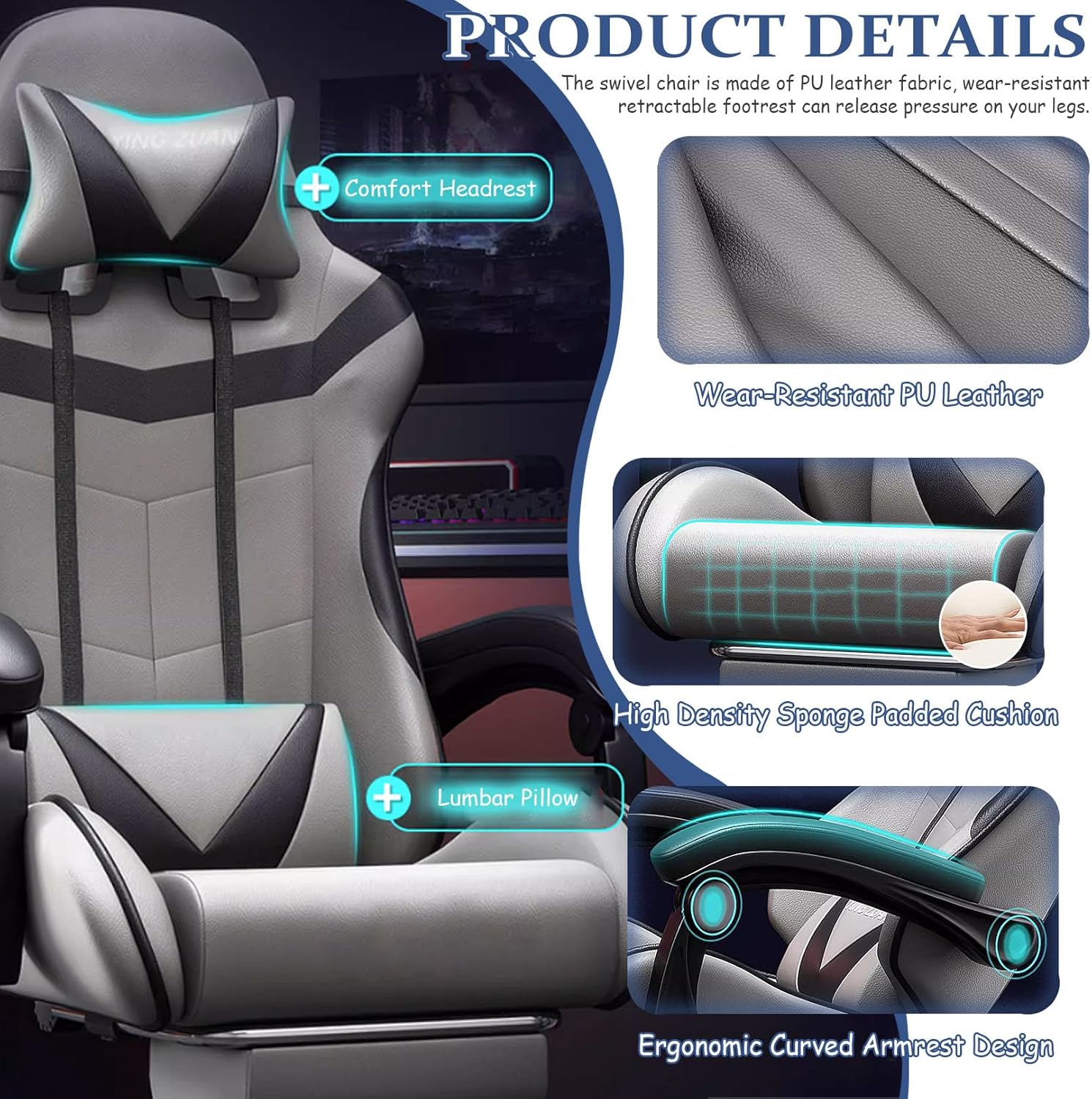 Computer Desk Chair, Executive Chairs, Adjustable Desk Chair with Lumbar Support Armrest, 135° Tilt Function Swivel Pu Leather Task Gaming Chair for Home Office Work Stud,Grey