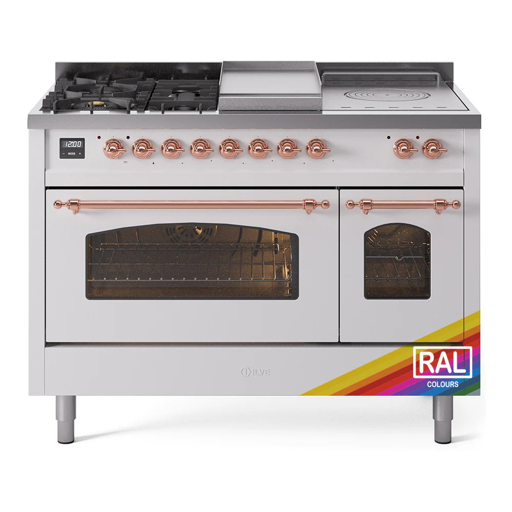 ILVE Nostalgie II 48-Inch Dual Fuel Range with 5 Burners, Griddle, & French Top with Triple Glass Door Oven in Custom RAL with Copper Trim (UP48FSNMPRAP)