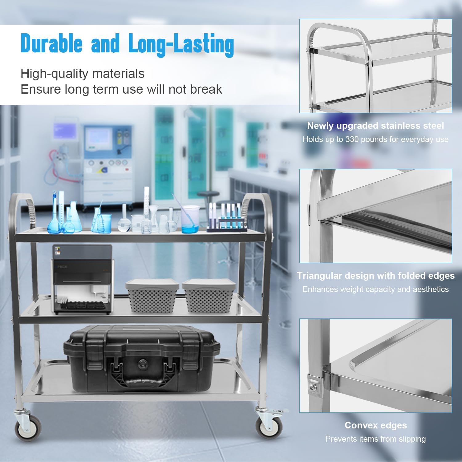 3 Shelf Stainless Steel Cart with Wheels, Kitchen Rolling Cart 330 lbs Weight Capacity, Service Trolley with Lockable Universal Wheels, for Lab, Clinic, Kitchen, Salon, 37.2