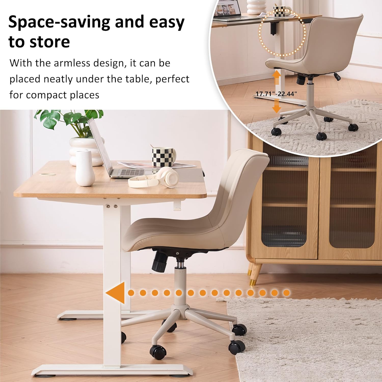 YOUNIKE Cream Home Office Desk Chair with Wheels Armless Compact Comfy Vanity Chair with Adjustable Back Modern Small Leather Upholstered Rolling Swivel Cute Computer Task Sewing Chair No Arms