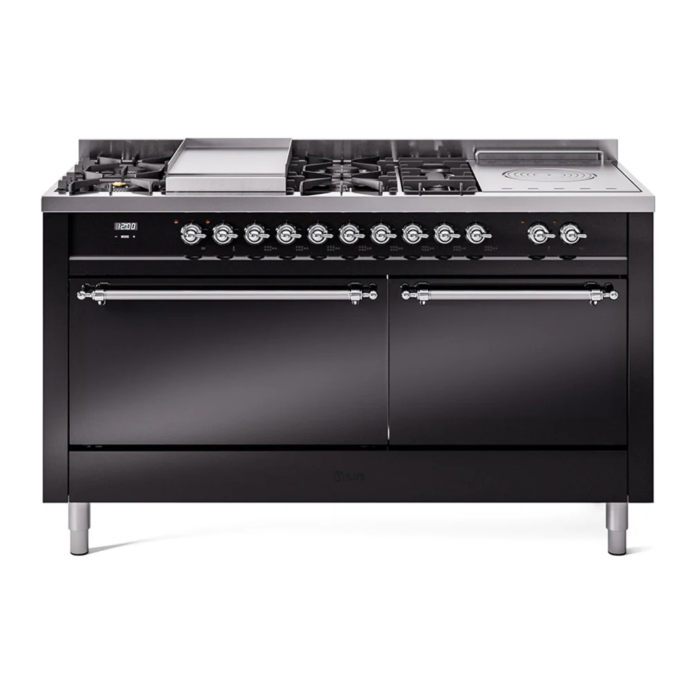 ILVE Nostalgie II 60-Inch Dual Fuel Range with 7 Burners, Griddle, & French Top with Solid Door Oven in Glossy Black with Chrome Trim (UP60FSQNMPBKC)