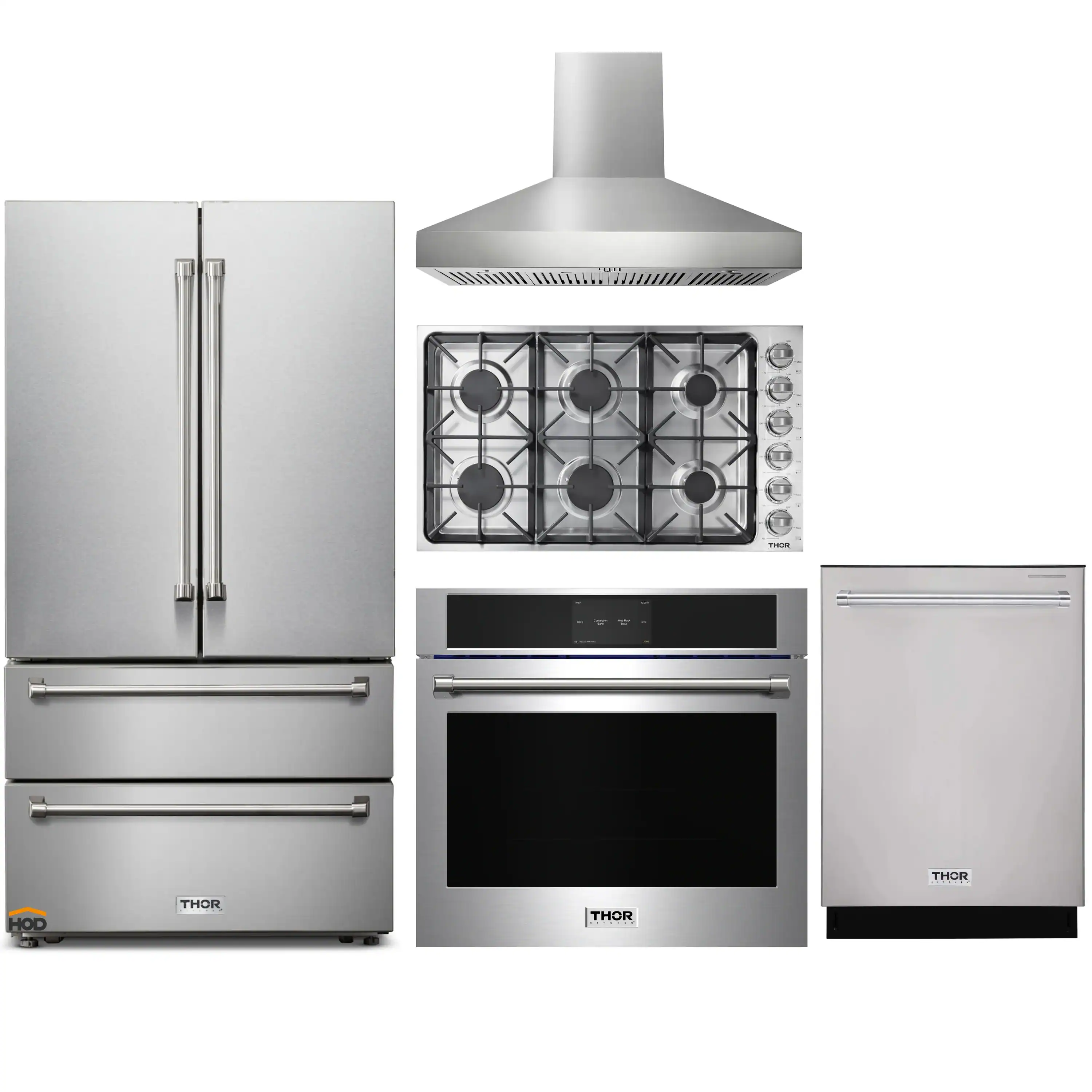 Thor Kitchen 5-Piece Pro Appliance Package - 36-Inch Gas Cooktop, Electric Wall Oven, Pro-Style Wall Mount Hood, Dishwasher, & Refrigerator in Stainless Steel