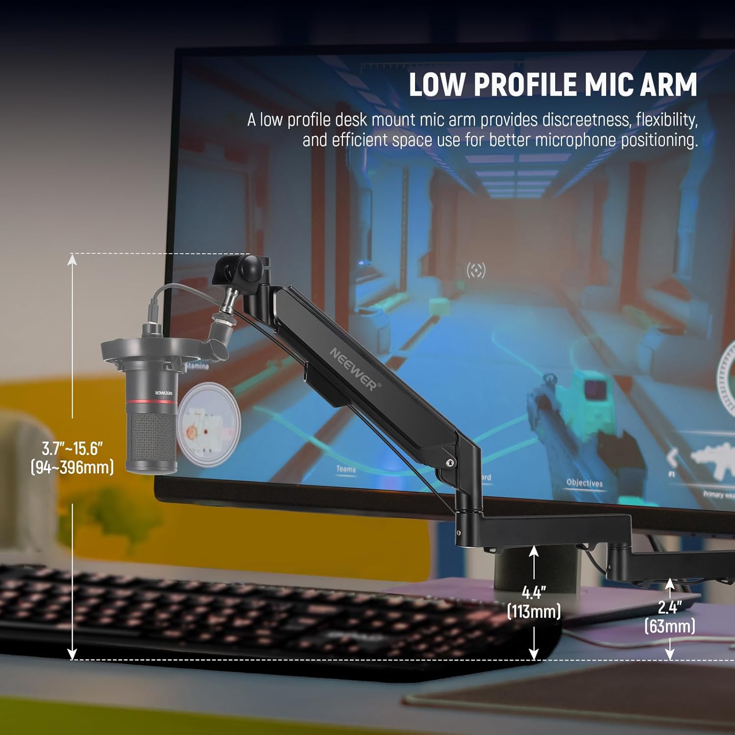 NEEWER MS002 Low Profile Desk Mic Boom Arm Stand with 360° Swivel Adjustable Pneumatic Damping Cable Management Cleaning Cloth, Desktop Mount Holder Compatible with Shure MV7 SM7B Blue Yeti Microphone