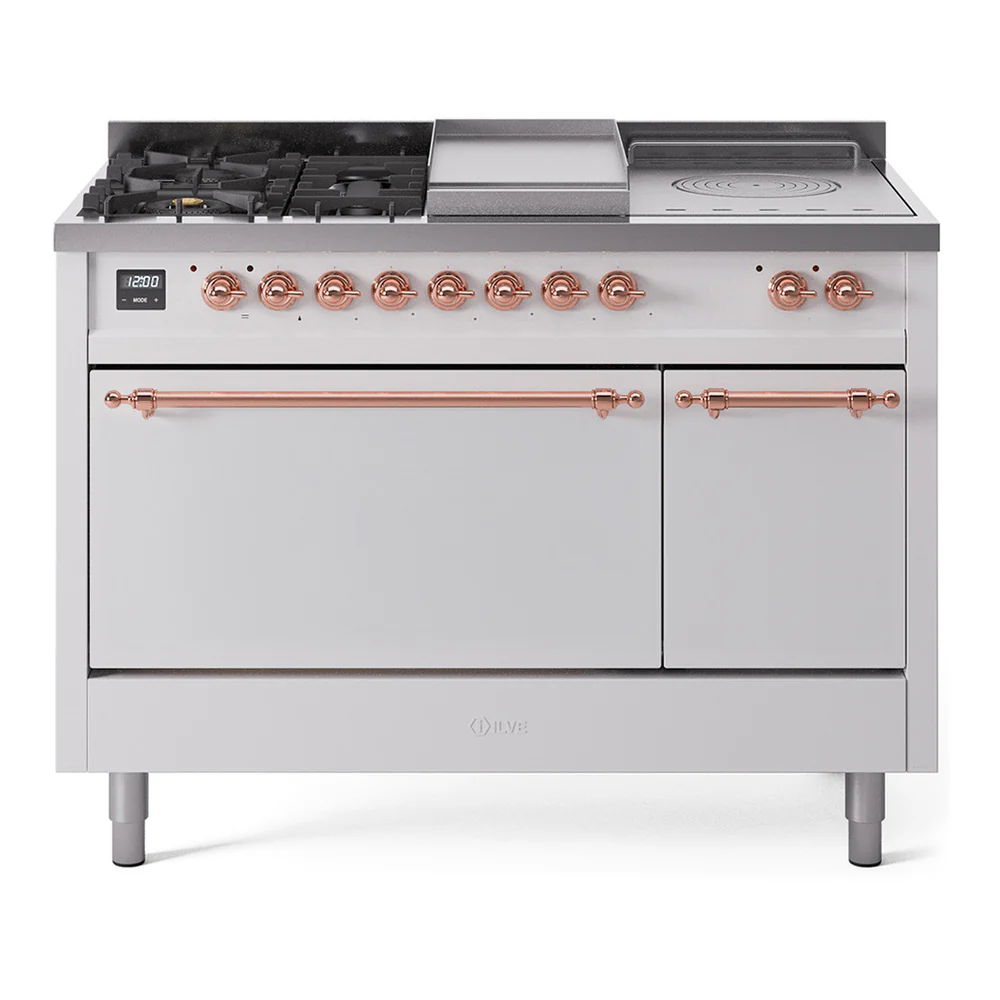 ILVE Nostalgie II 48-Inch Dual Fuel Range with 5 Burners, Griddle, & French Top, with Solid Door Oven in White with Copper Trim (UP48FSQNMPWHP)