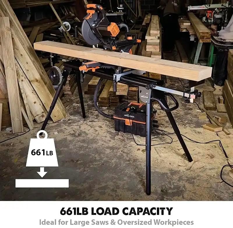 Evolution Power Tools Miter Saw Stand PLUS - Compact Folding Stand with Extendable Arms, Large Wheels, Universal Fittings for Most Brands Evolution, Makita, DeWalt, Bosch, Ryobi, Einhell and Metabo