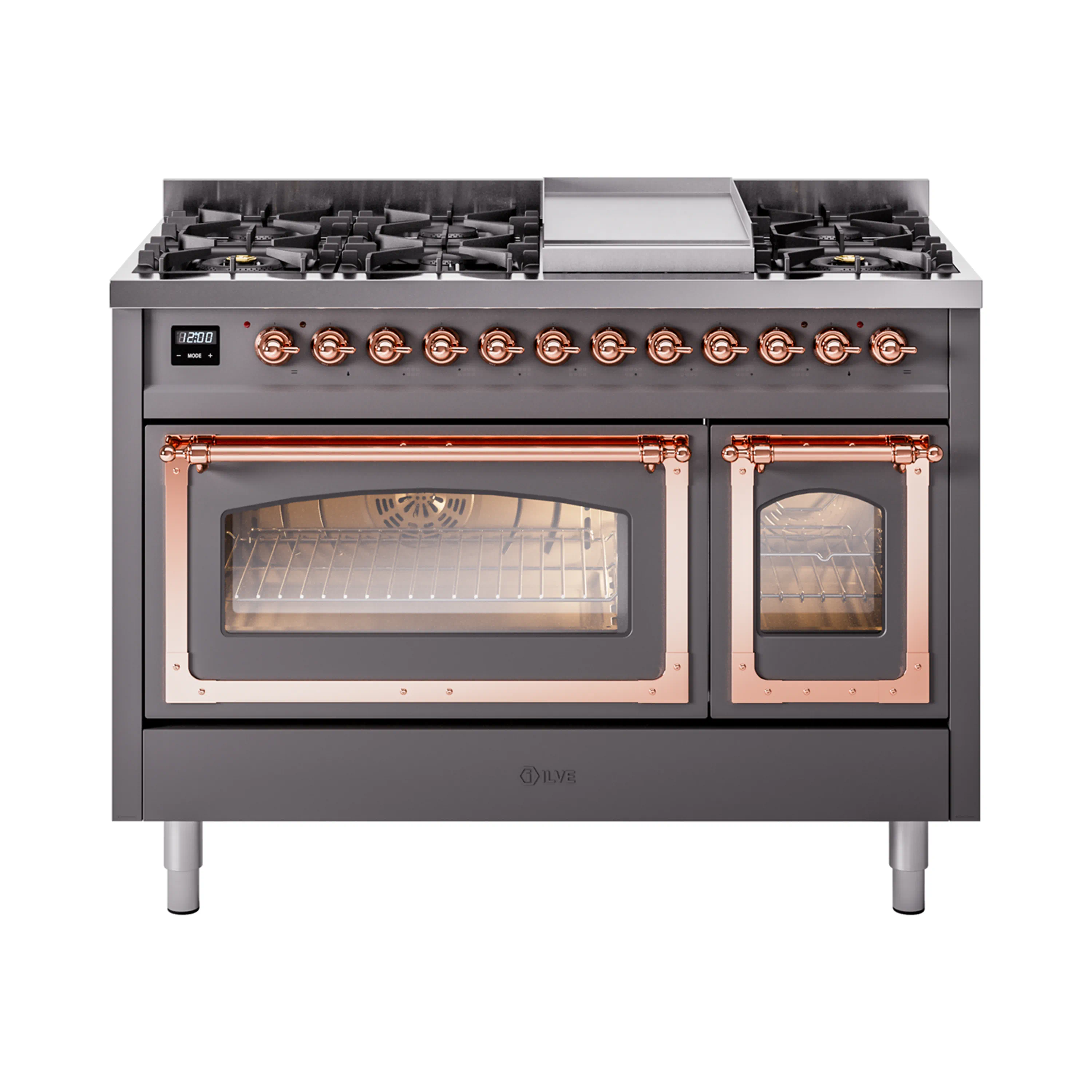 ILVE Nostalgie II Noblesse 48-Inch Dual Fuel Freestanding Range in Matte Graphite with Copper Trim (UN48FNMPMGP)