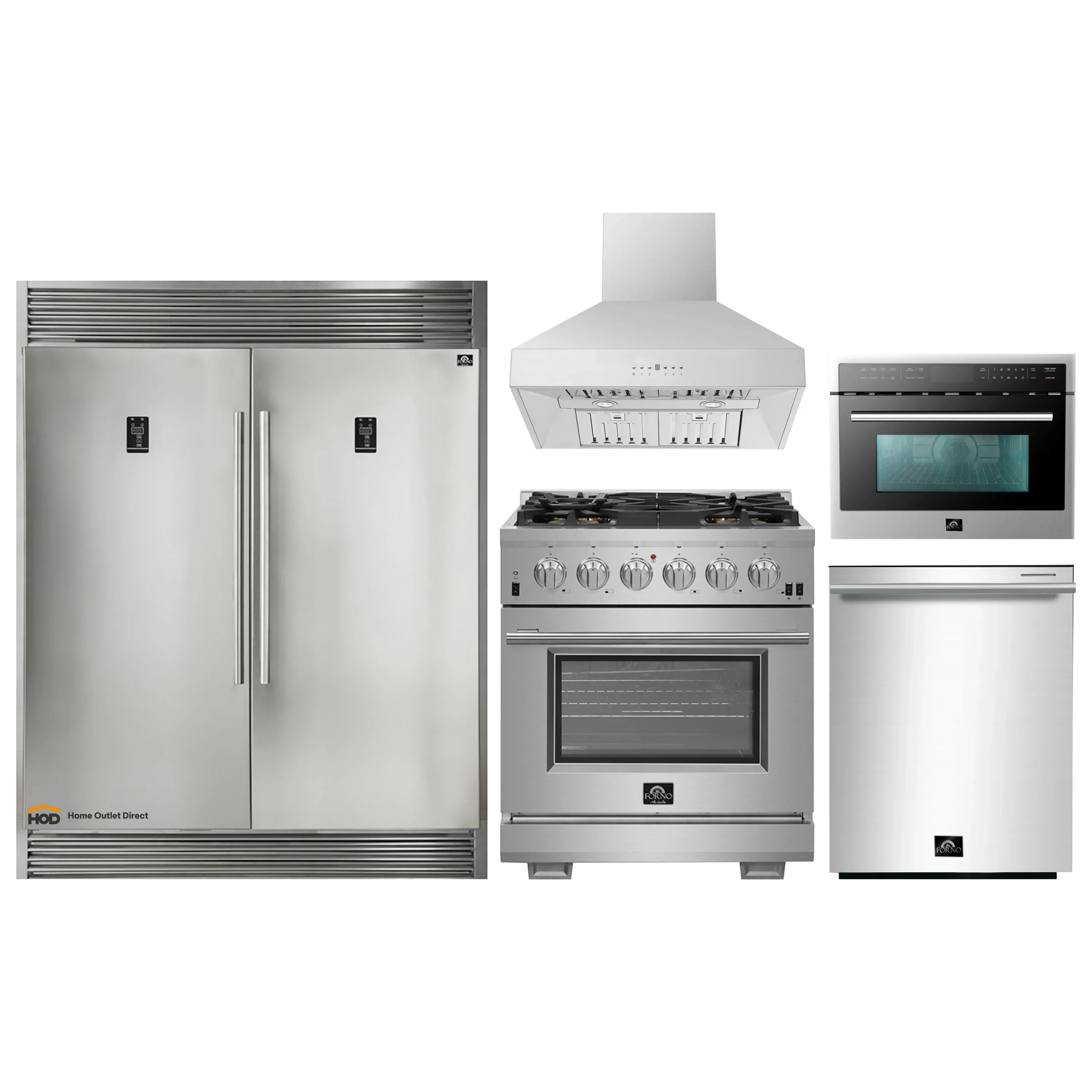 Forno 5-Piece Pro Appliance Package - 30-Inch Gas Range, 60-Inch Pro-Style Refrigerator, Wall Mount Hood, 24-Inch Microwave Oven, & 3-Rack Dishwasher in Stainless Steel