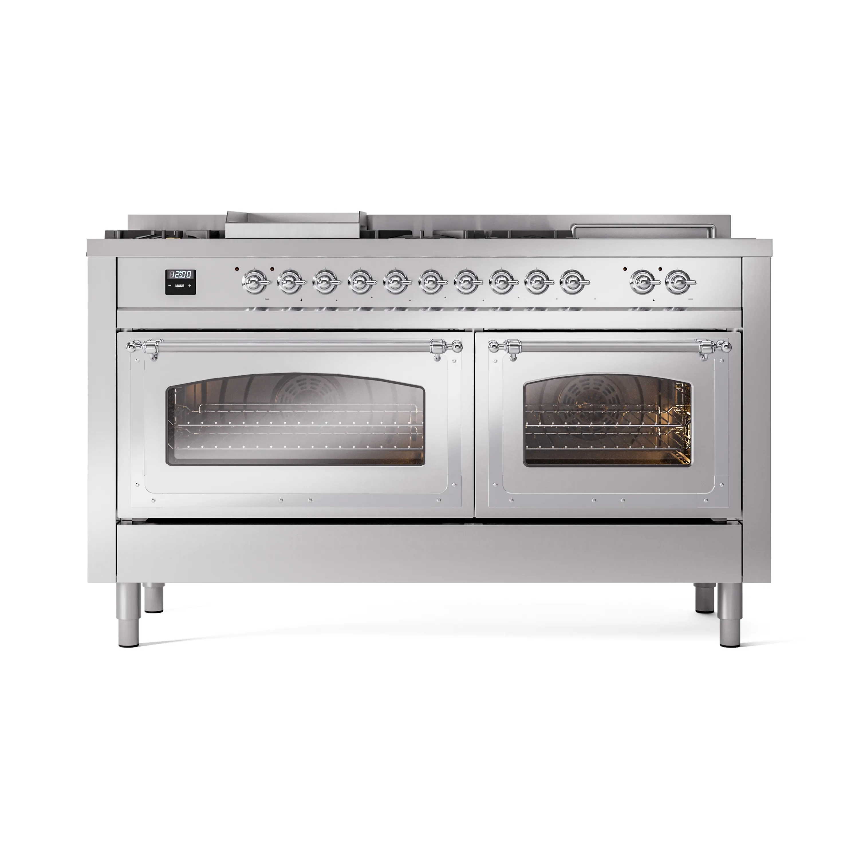 ILVE 60-Inch Nostalgie II Noblesse Dual Fuel Range with 7 Sealed Burners, Griddle, French Top, and Triple Glass Door Oven in Stainless Steel with Chrome Trim (UN60FSNMPSSC)