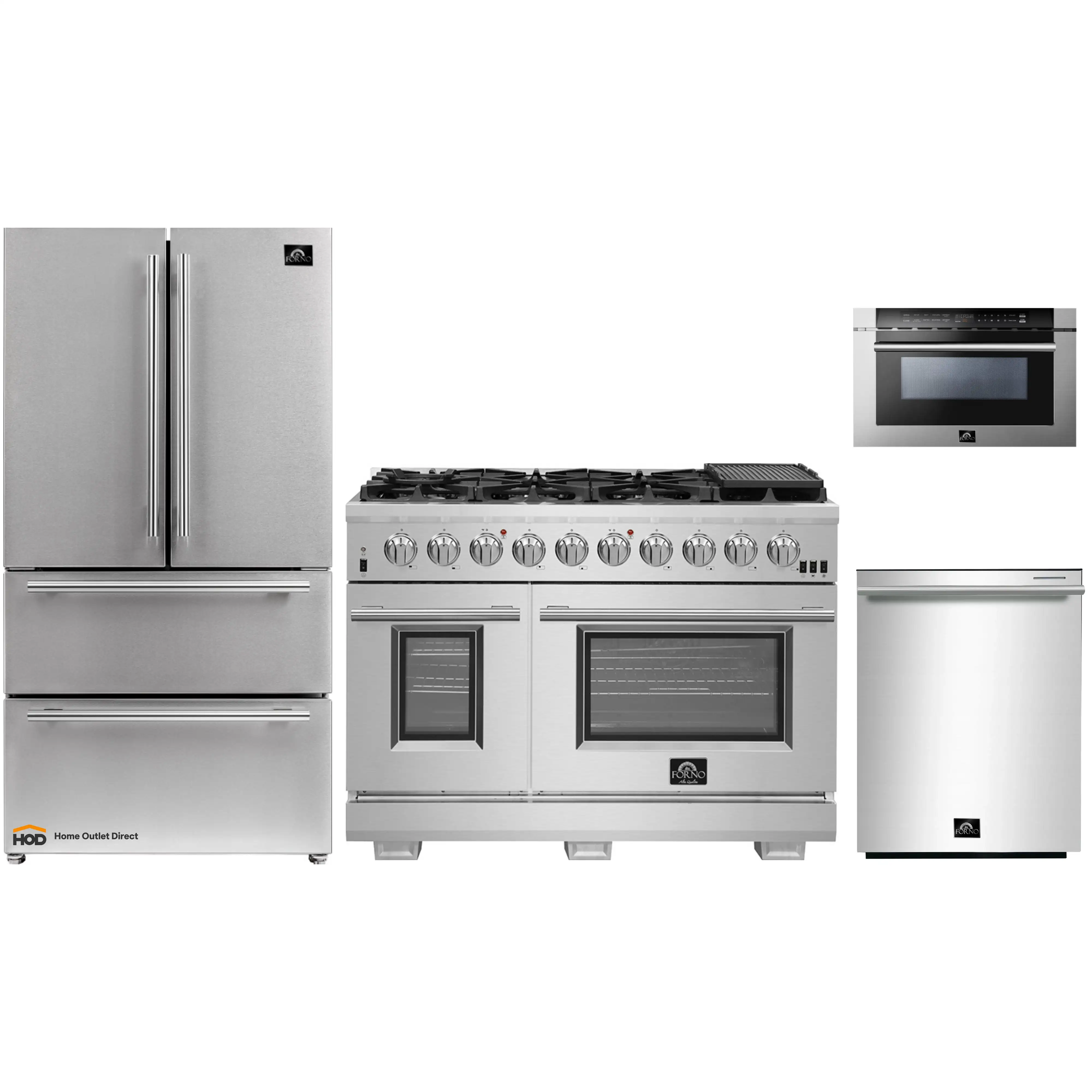 Forno 4-Piece Pro Appliance Package - 48-Inch Gas Range, Refrigerator, 24-Inch Microwave Drawer, & 3-Rack Dishwasher in Stainless Steel