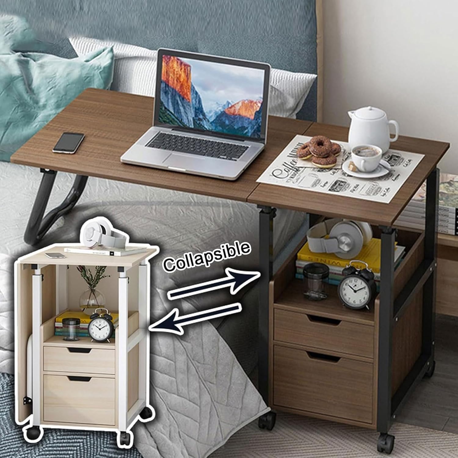 2 in 1 Foldable Overbed Table with Wheels, Bedside Table Adjustable Height, Mobile Computer Desk Laptop Table, Standing Over Bed Table for Hospital and Home Use,White a