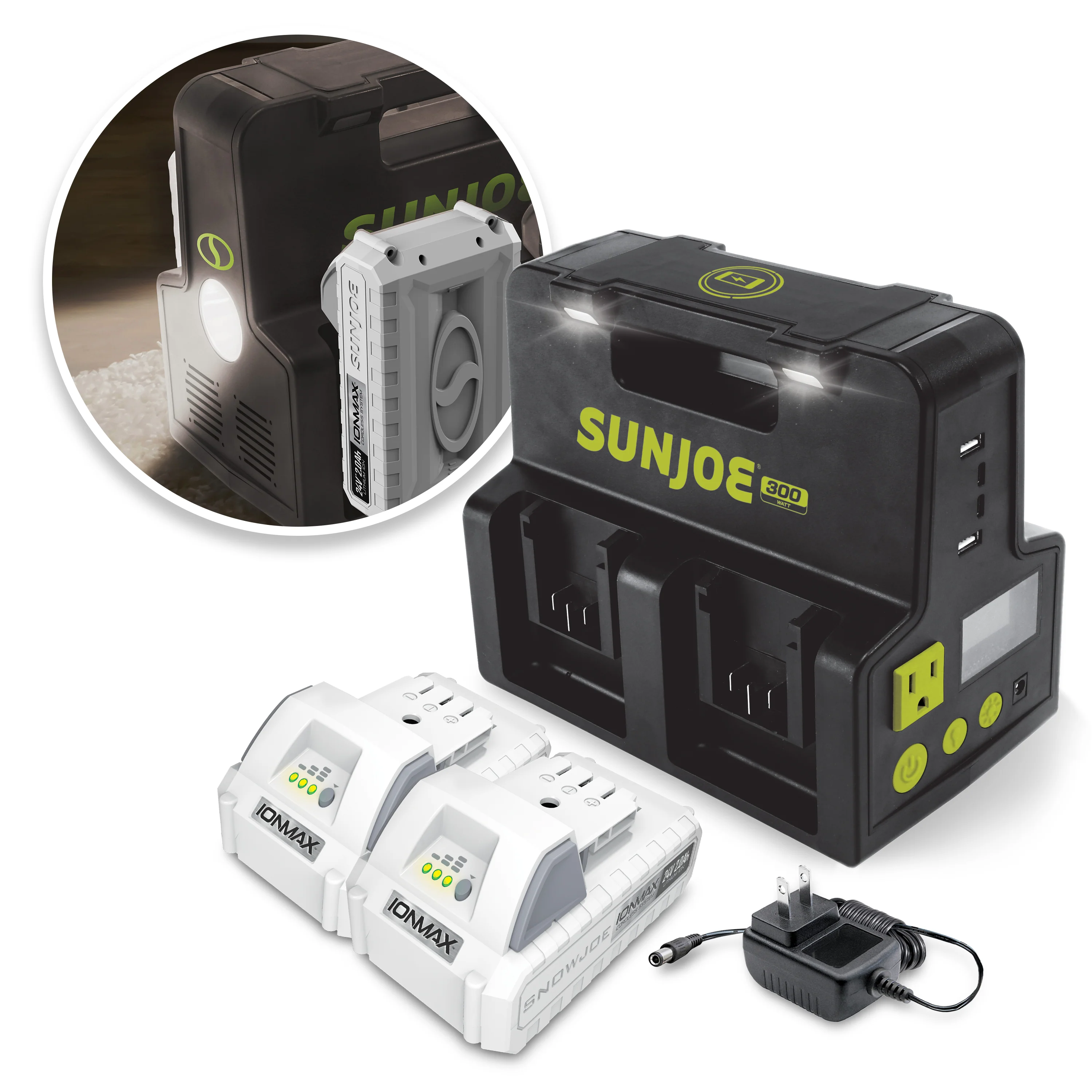 Sun Joe 24V-300WI-2AMP-KIT 24-Volt Cordless Powered Inverter Generator Power Station | W/ 2 x 2.0-Ah Batteries