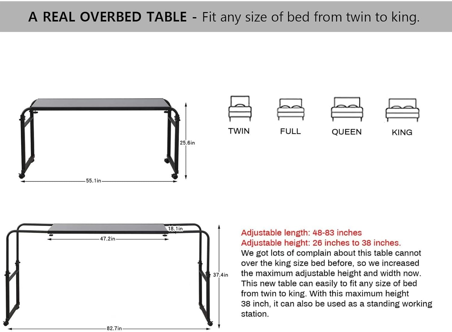 Overbed Table with Wheels, Height Adjustable Computer Desk Workstation Mobile Medical Table Laptop Cart