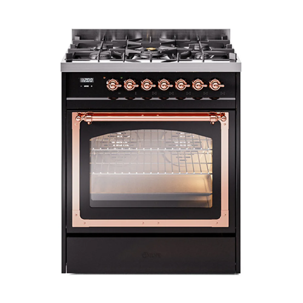 ILVE Nostalgie II Noblesse 30-Inch Dual Fuel Range with Triple Glass Door in Glossy Black with Copper Trim (UN30NMPBKP)