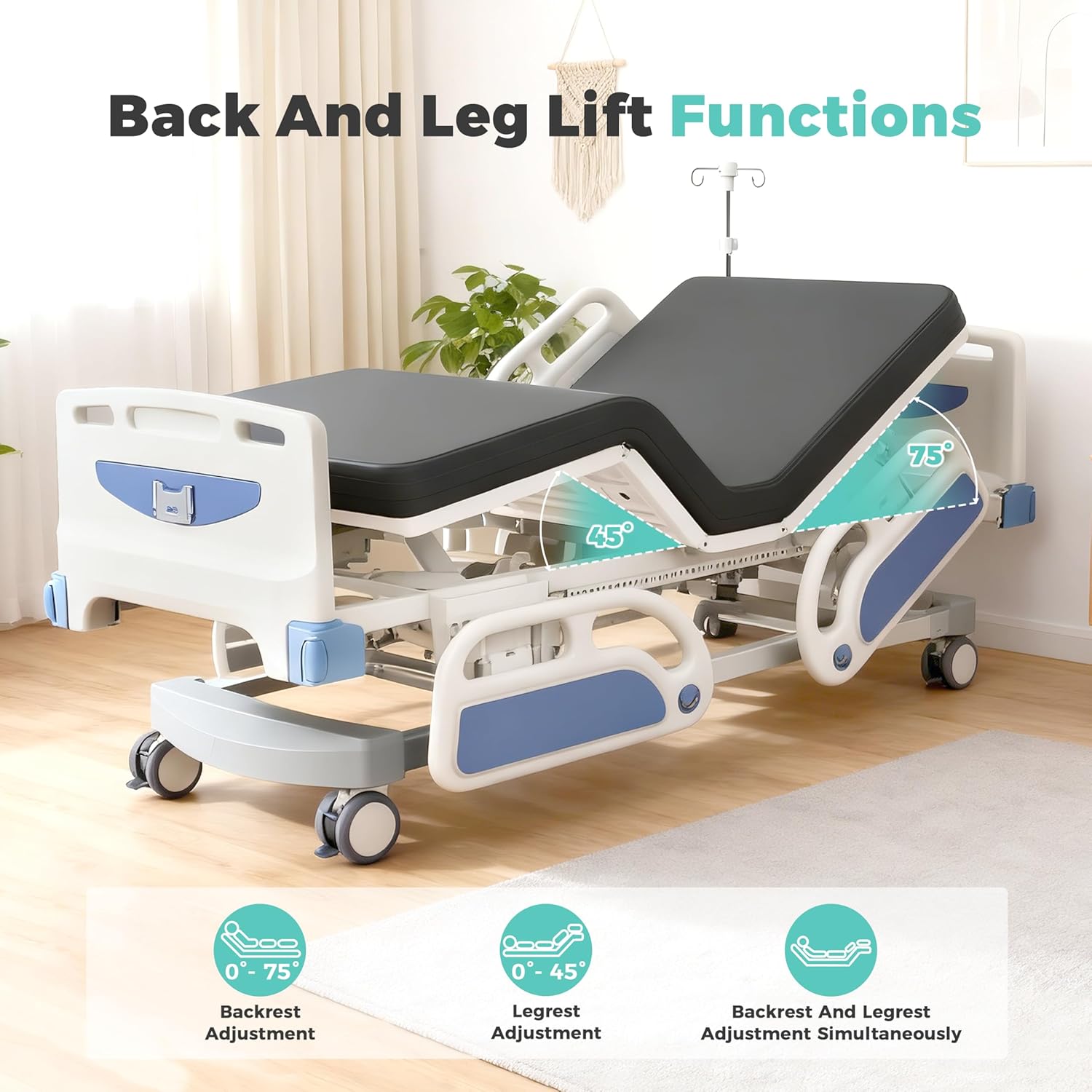 Advanced 5-Function Full Electric Hospital Bed,Adjustable Height Electric ICU Medical Bed for Home Use With 4.7