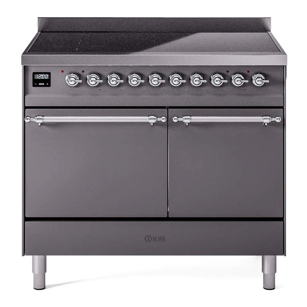 ILVE 40-Inch Nostalgie II Induction Range with Solid Door Oven in Matte Graphite with Chrome Trim (UPDI406QNMPMGC)