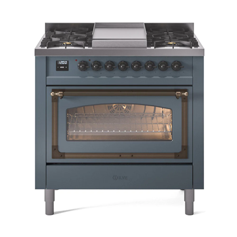 ILVE Nostalgie II Noblesse 36-Inch Dual Fuel Range and Triple Glass Door in Blue Grey with Bronze Trim (UN36FNMPBGB)