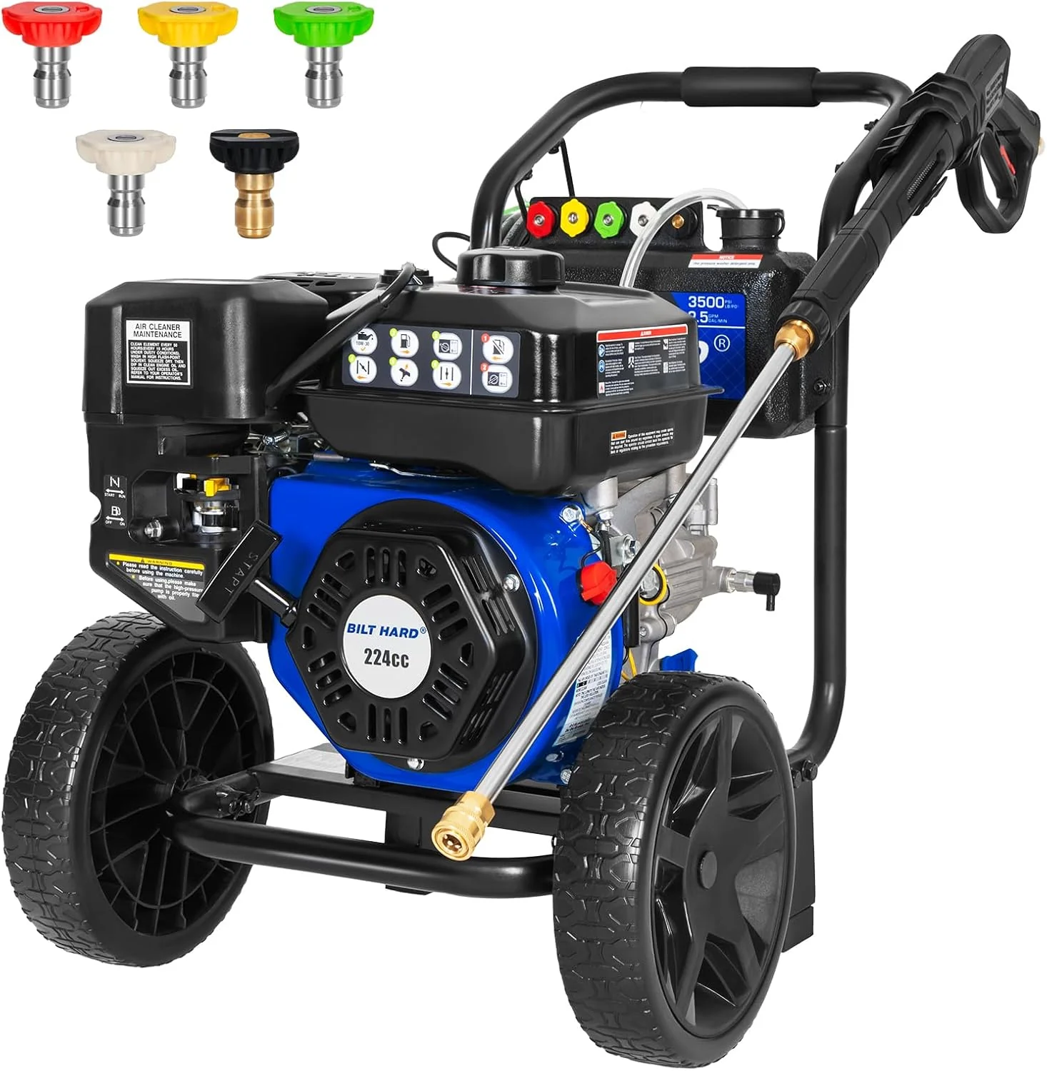 BILT HARD 3500 PSI 2.5 GPM Gas Power Pressure Washer, 224cc 4-Cycle Engine, Heavy Duty Gas Pressure Washer with Spray Gun and Wand, 5 Quick Connect Nozzle Tips, 3/5