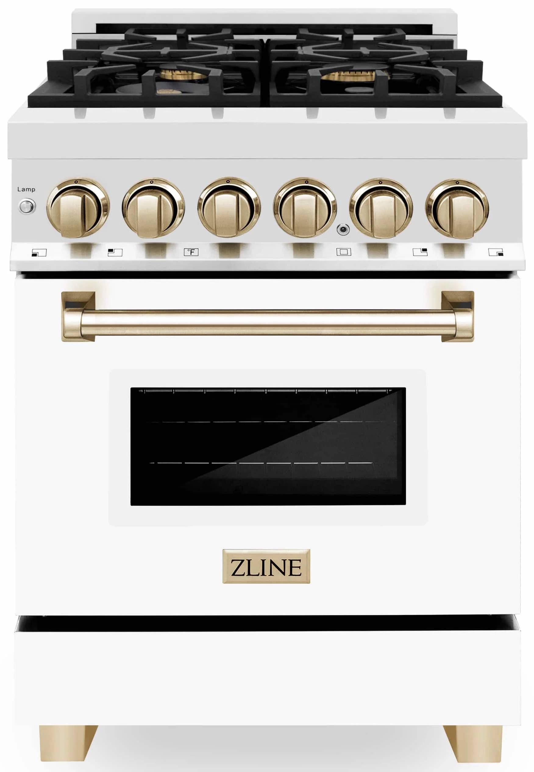 ZLINE Legacy Series Autograph Edition 24-inch Dual Fuel Range with Gas Stove and 2.8 Cu. Ft. Electric Oven in Stainless Steel with White Matte Door and Gold Accents (RAZ-WM-24-G)
