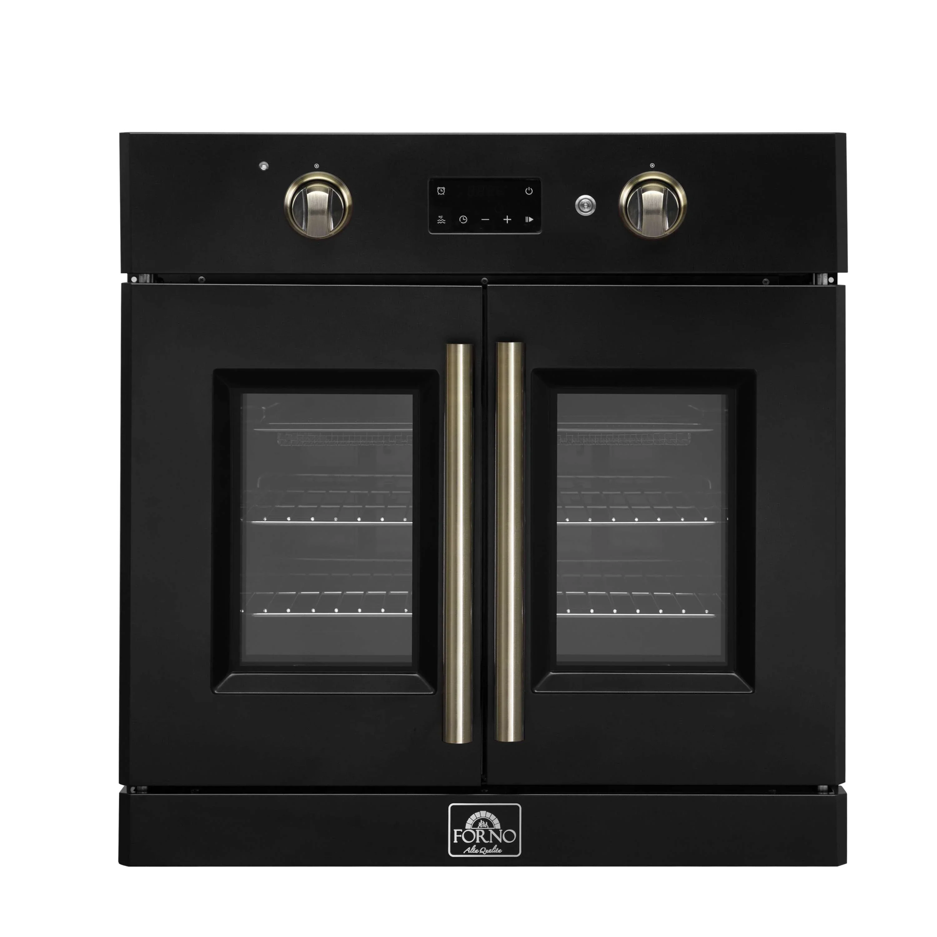 Forno Asti 30-Inch French Door Electric Wall Oven in Black with Antique Brass Trim (FBOEL1333-30BLK)