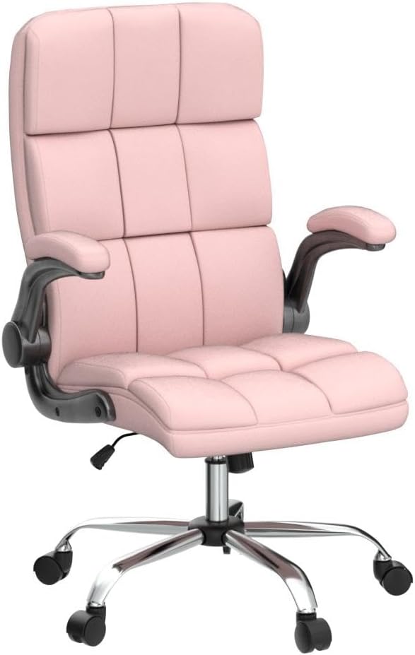 KCREAM Pink Office Chair Home Office Chair Ergonomic Executive Chair Frabic Computer Desk Chair, High Back Adjustable Tilt Angle and Flip up Arms and Thick Padding for Back Support