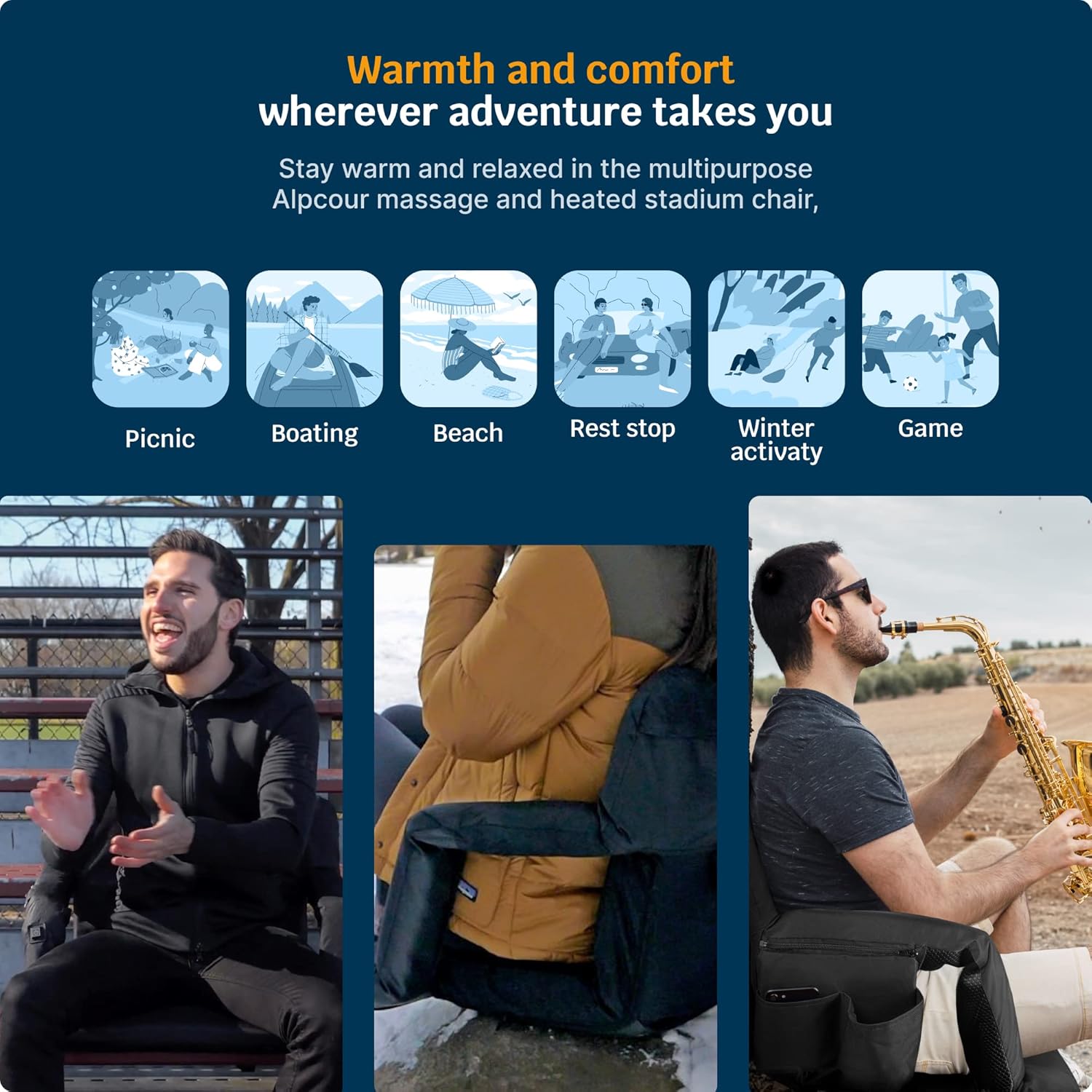 Alpcour Heating Massage Stadium Seat – Deluxe Extra-Wide Reclining Bleacher Chair with Back & Arm Support – Built-in Heater and Massager - Extra Thick, Lightweight & Waterproof (Extra Wide)