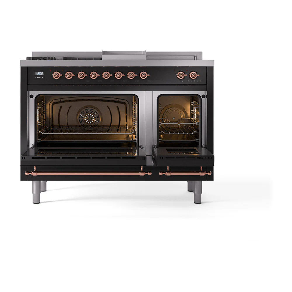 ILVE 48-Inch Nostalgie II Noblesse Dual Fuel Range with 5 Sealed Burners, Griddle, French Top and Solid Door Oven in Glossy Black with Copper Trim (UN48FSQNMPBKP)