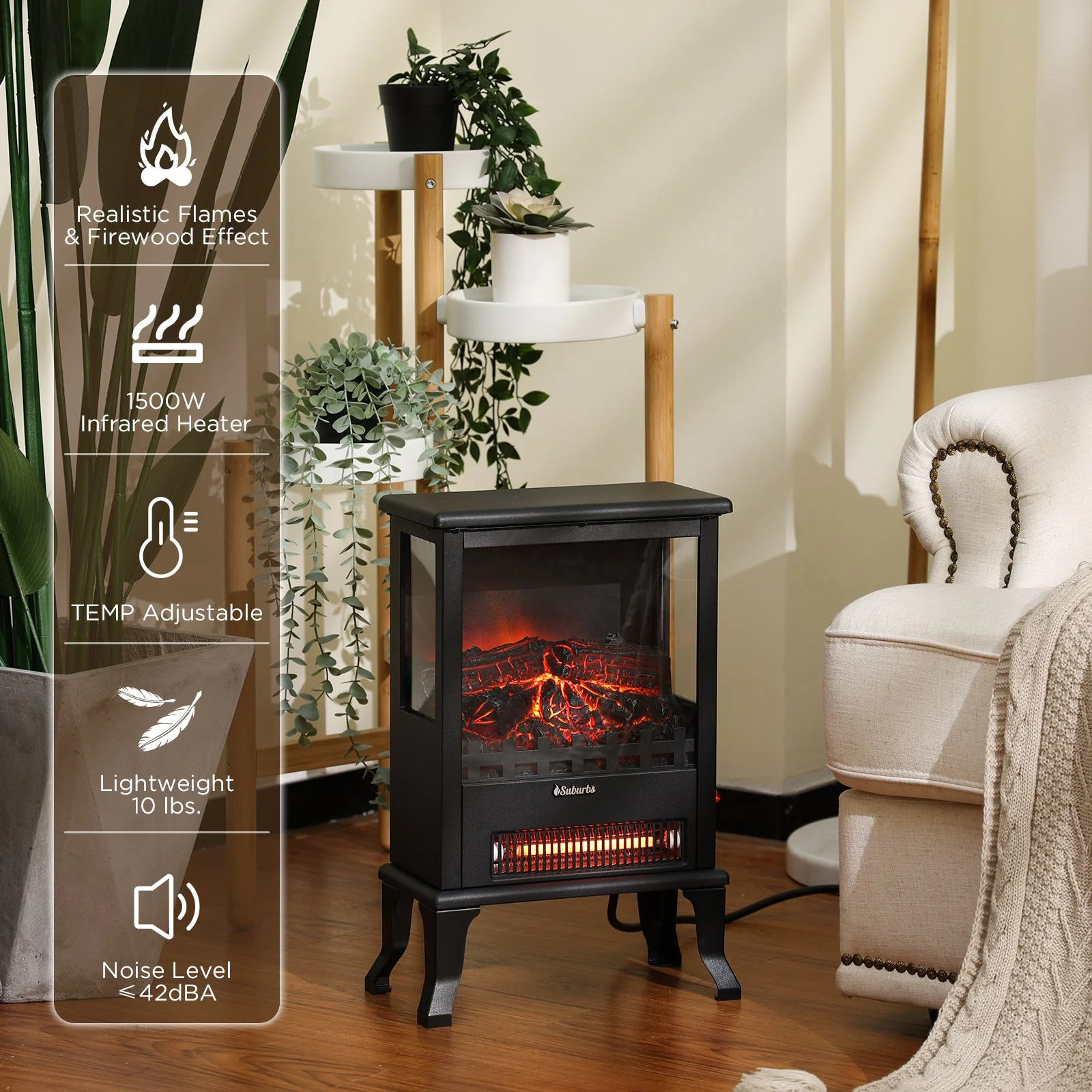 TURBRO Suburbs Electric Fireplace Stove Heater with Panoramic 3-Sided View and LED Flames (707-98-122QA)