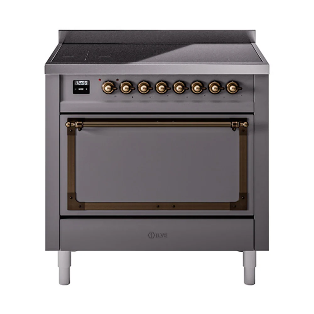 ILVE Nostalgie II Noblesse 36-Inch Induction Range with Solid Door in Matte Graphite with Bronze Trim (UNI366QNMPMGB)