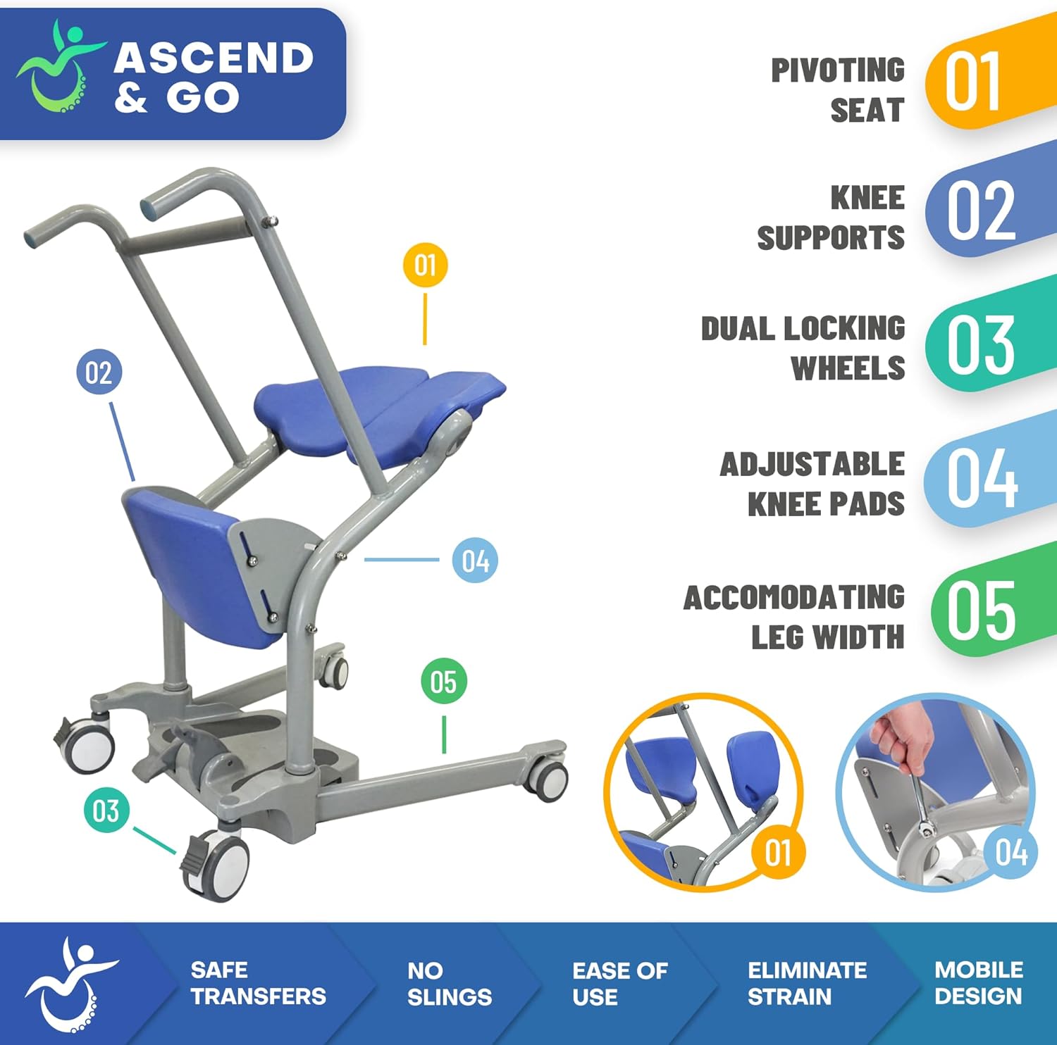 Ascend & GO - Manual Sit to Stand Elderly Assist Transfer Patient Lift Aid, Standing Assist Lift, Senior Transport Assistance Patient Chair, Stand Up Lift - Homecare Professional Use 400lbs. Lift Cap
