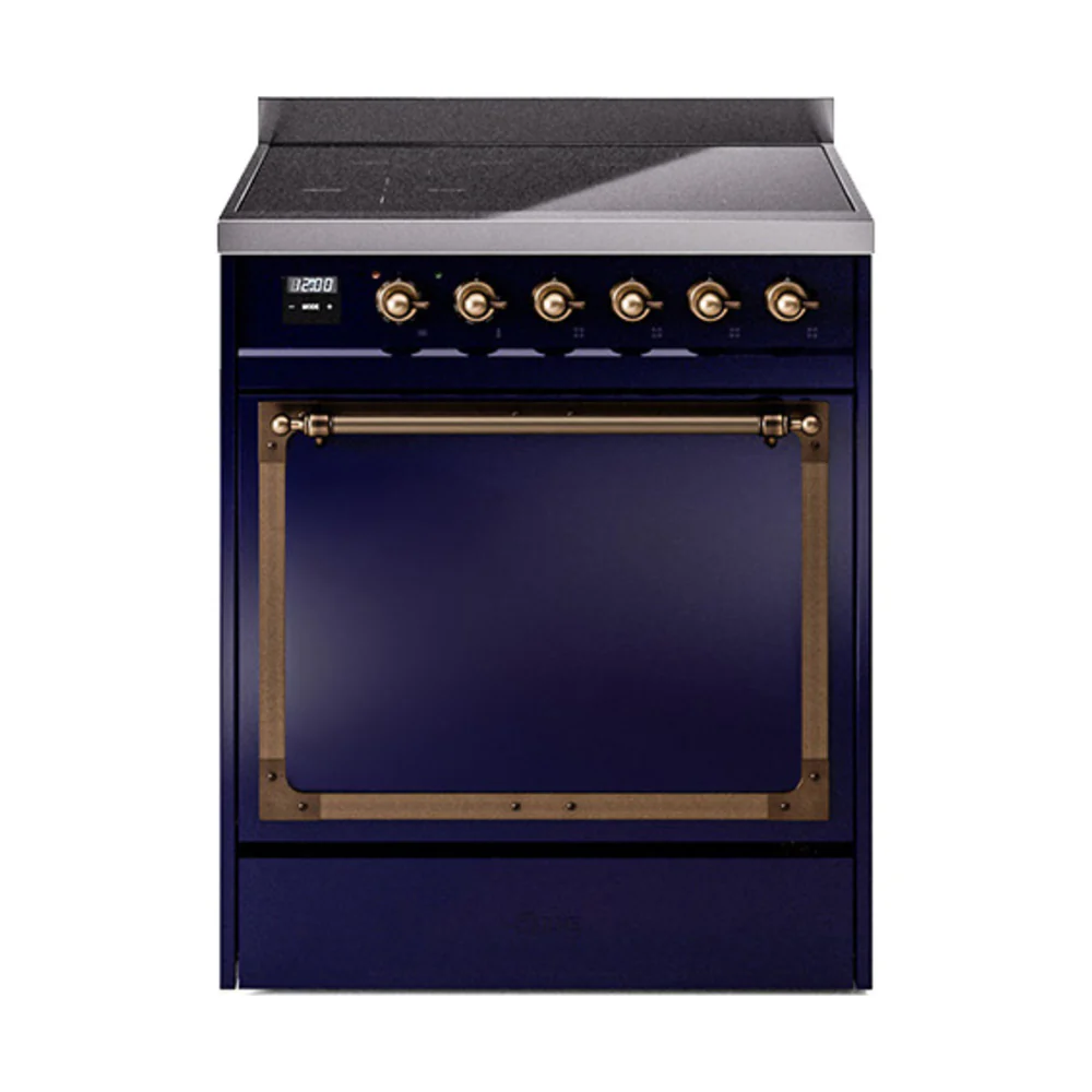 ILVE 30-Inch Nostalgie II Noblesse Induction Range with Solid Door Oven in Midnight Blue with Bronze Trim (UNI304QNMPMBB)