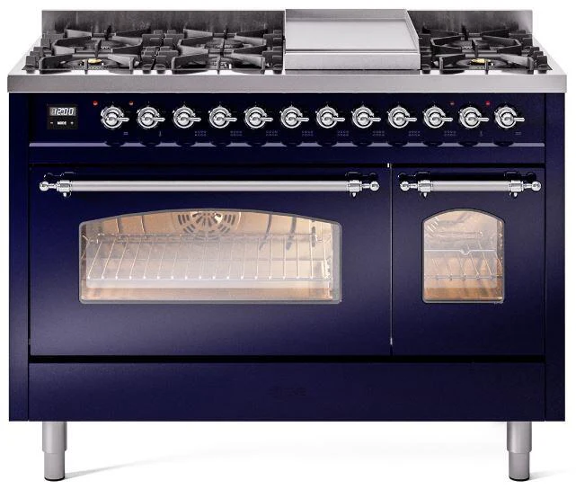 ILVE Nostalgie II 48-Inch Dual Fuel Freestanding Range in Midnight Blue with Chrome Trim (UP48FNMPMBC)